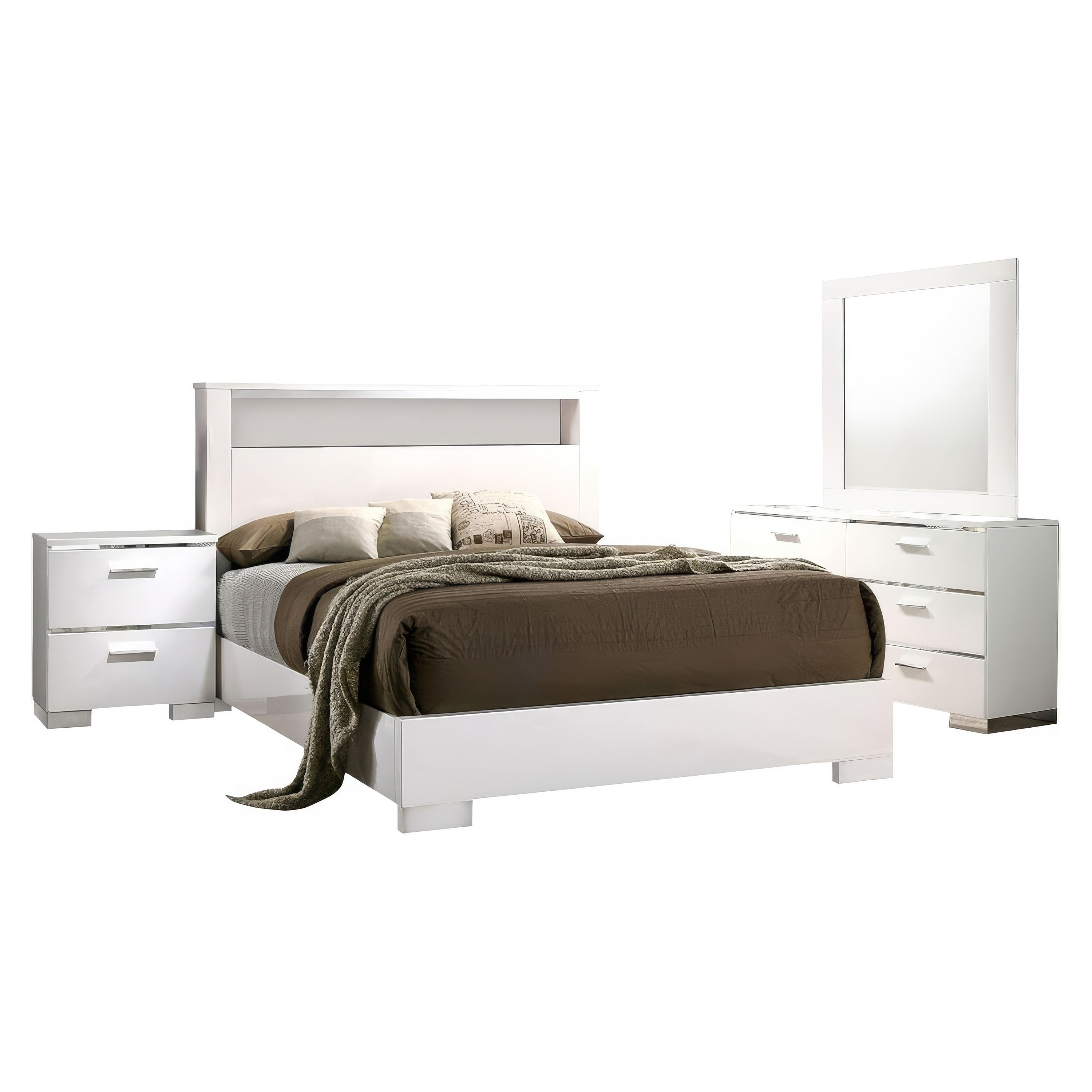 Aman 4Pc Queen Bedroom Set Led Headboard With Shelf White Wood