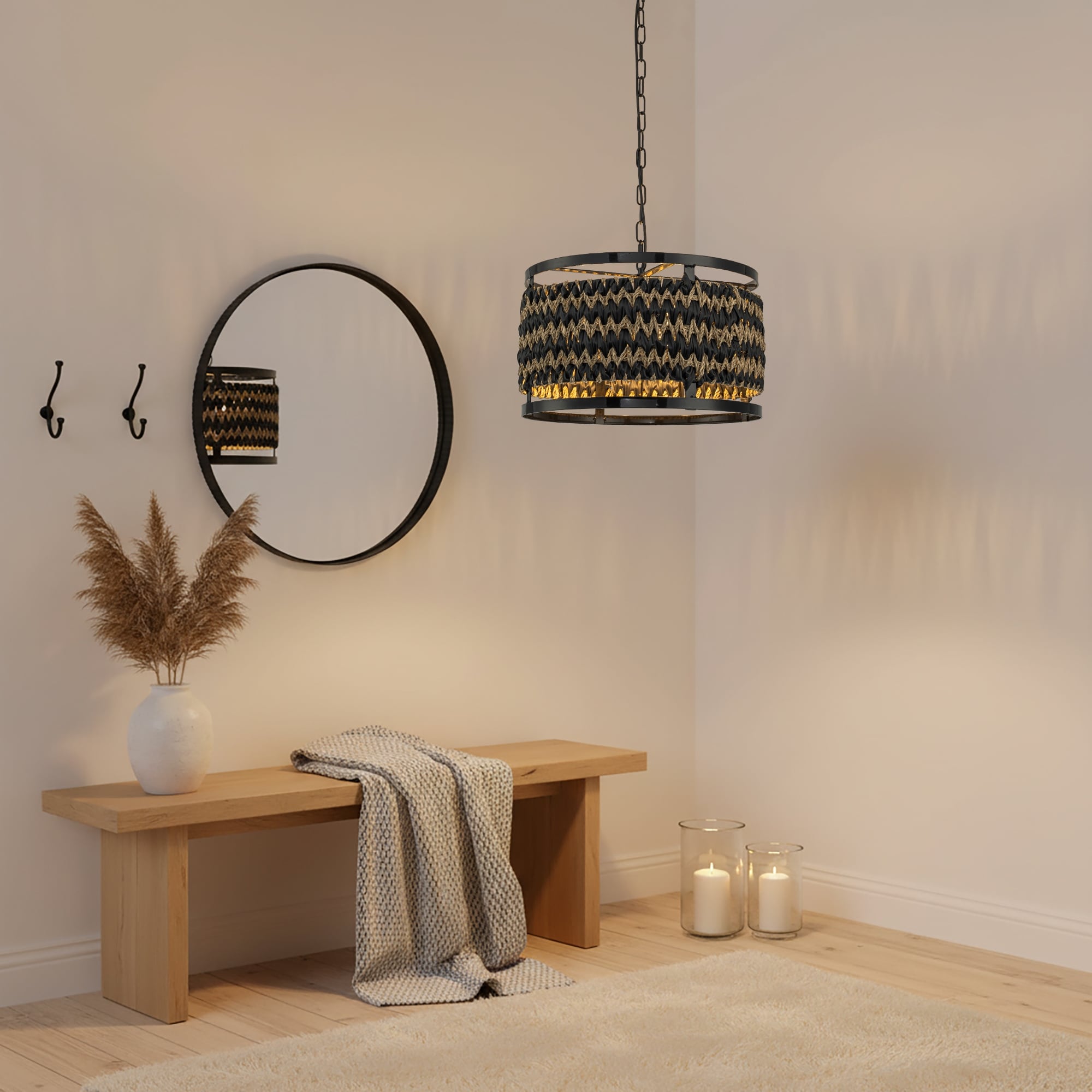 Amara 3 Light Wicker Drum Pendant Rustic Boho Handwoven 18 Wide