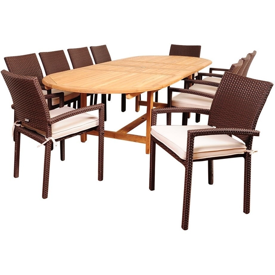 Amazonia Ravello 11 Piece Teak Synthetic Wicker Double Extendable Oval Patio Dining Set With Off White Cushions