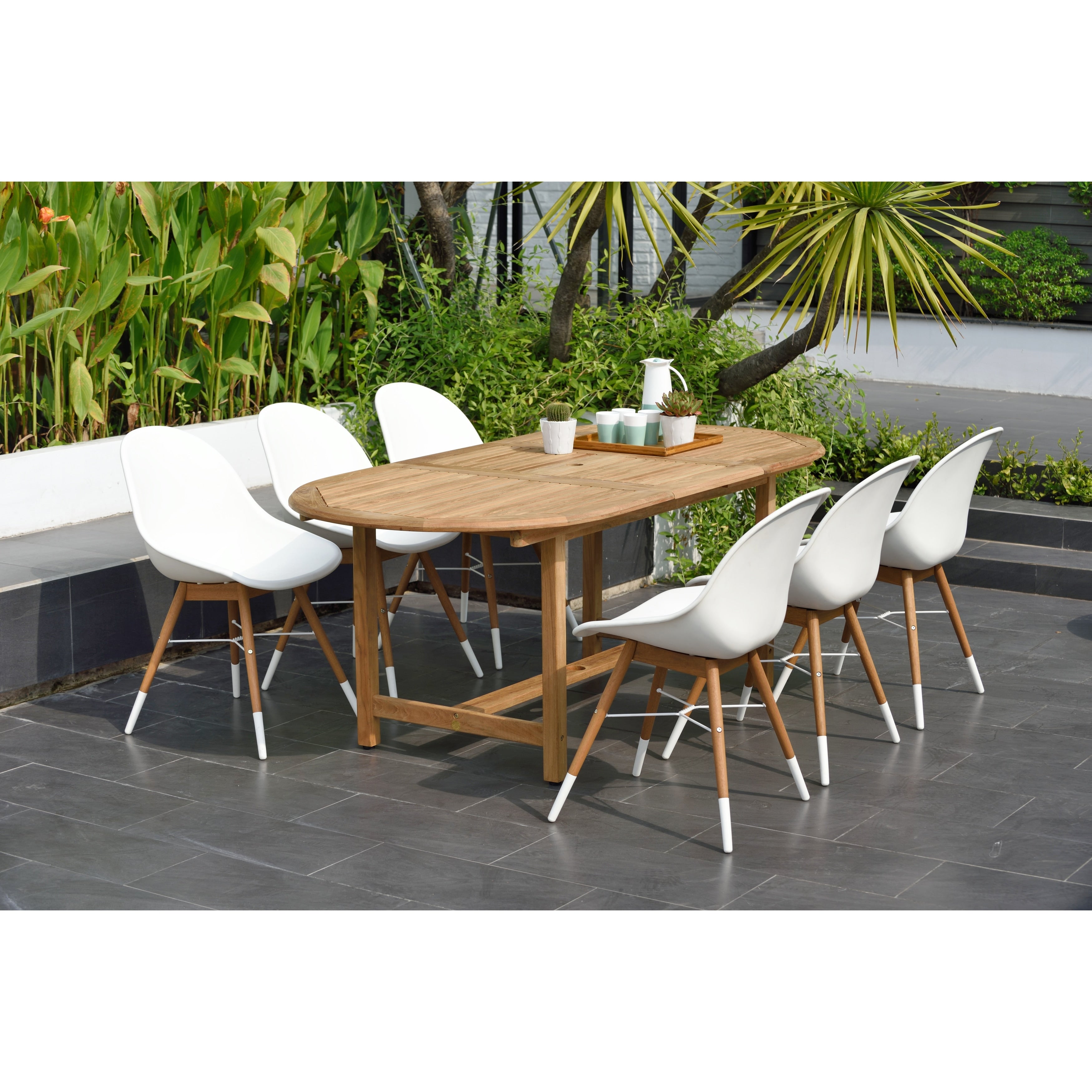 Amazonia Teak Bonita White 7 Piece Extendable Oval Sidechair Patio Dining Set Teak Finish