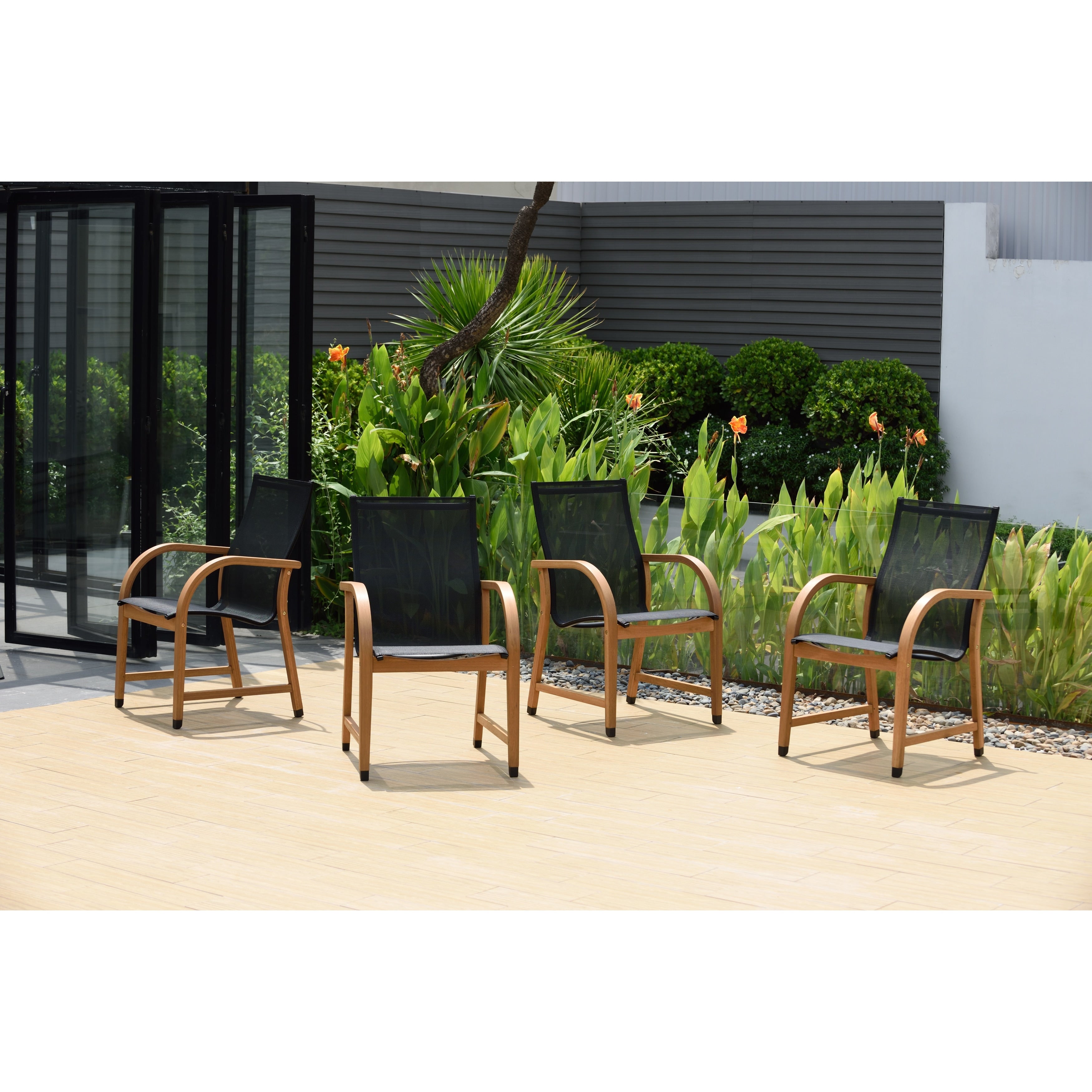 Amazonia Karoni Patio Sling Black Chairs With Teak Finish Set Of 4.