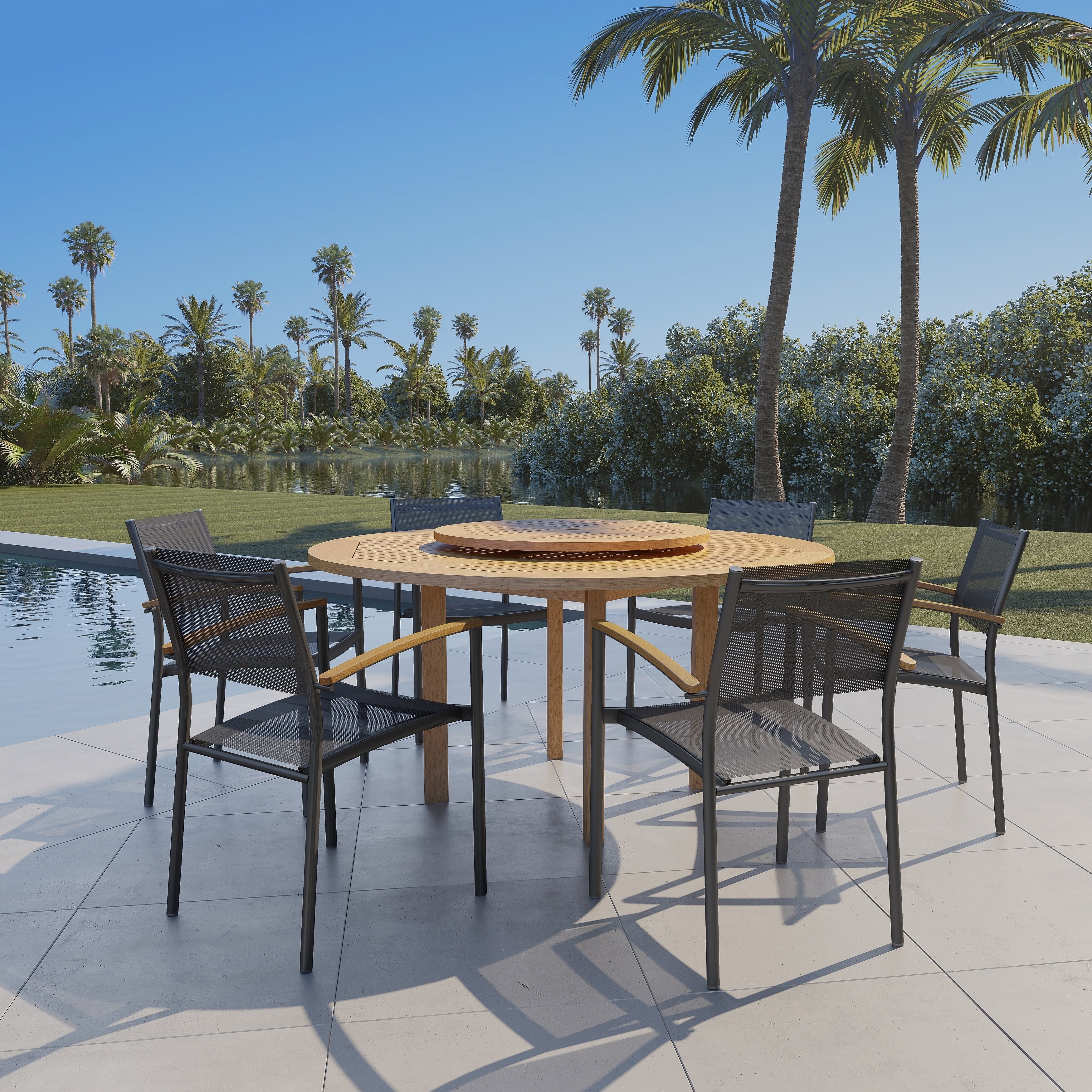 Havenside Home Gonilla 7 Piece Wood Lazy Susan Dining Set With Aluminum Chairs