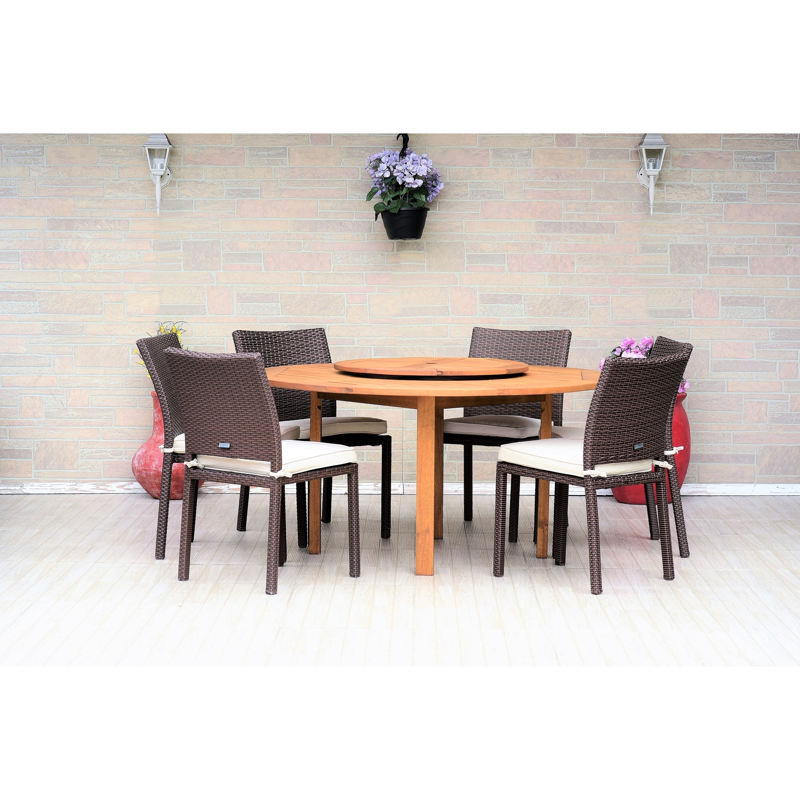 Havenside Home Gonilla 7 Piece Lazy Susan Wood Dining Set With Wicker Chairs
