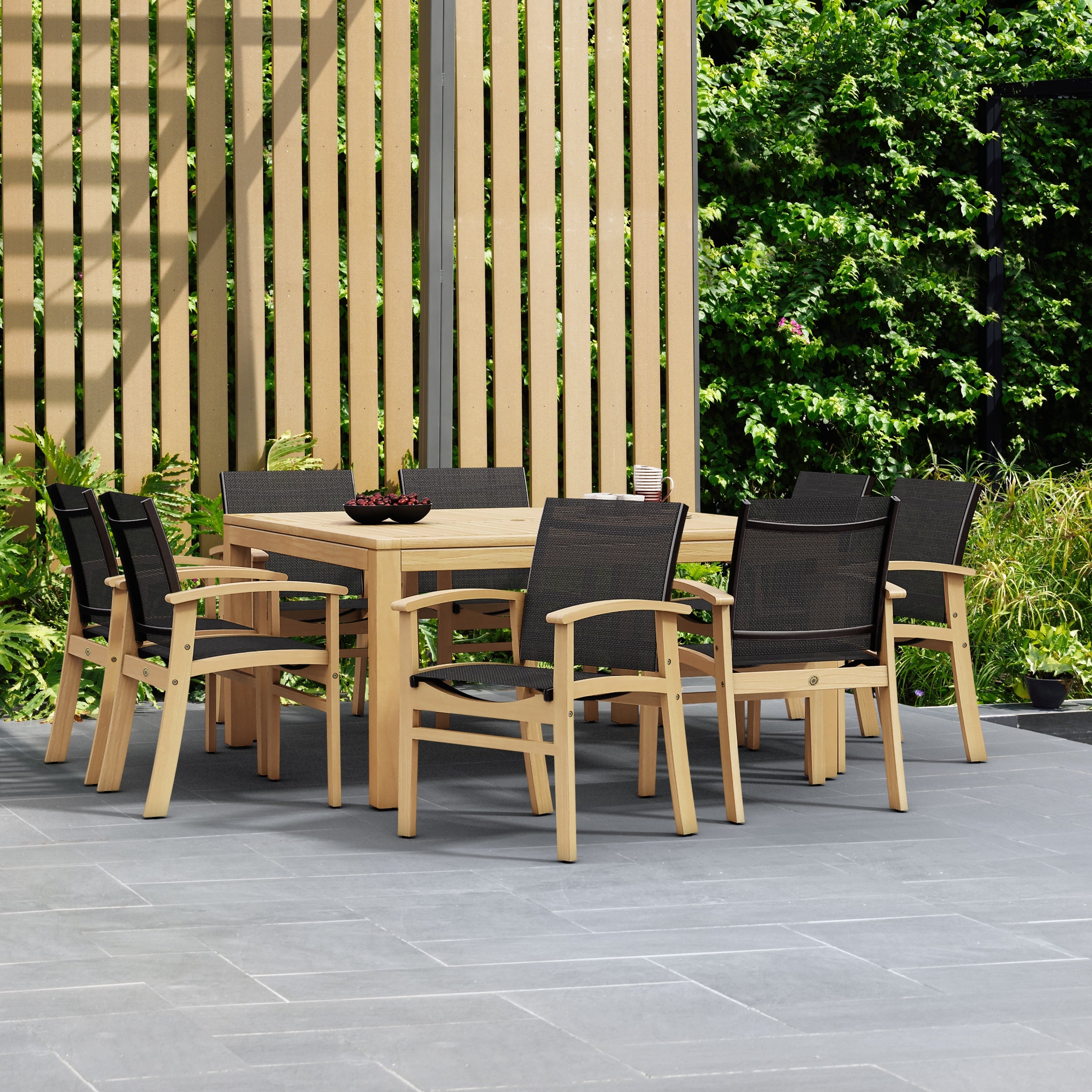 Amazonia Teak Luna Black Textile And Teak 9 Piece Patio Dining Set