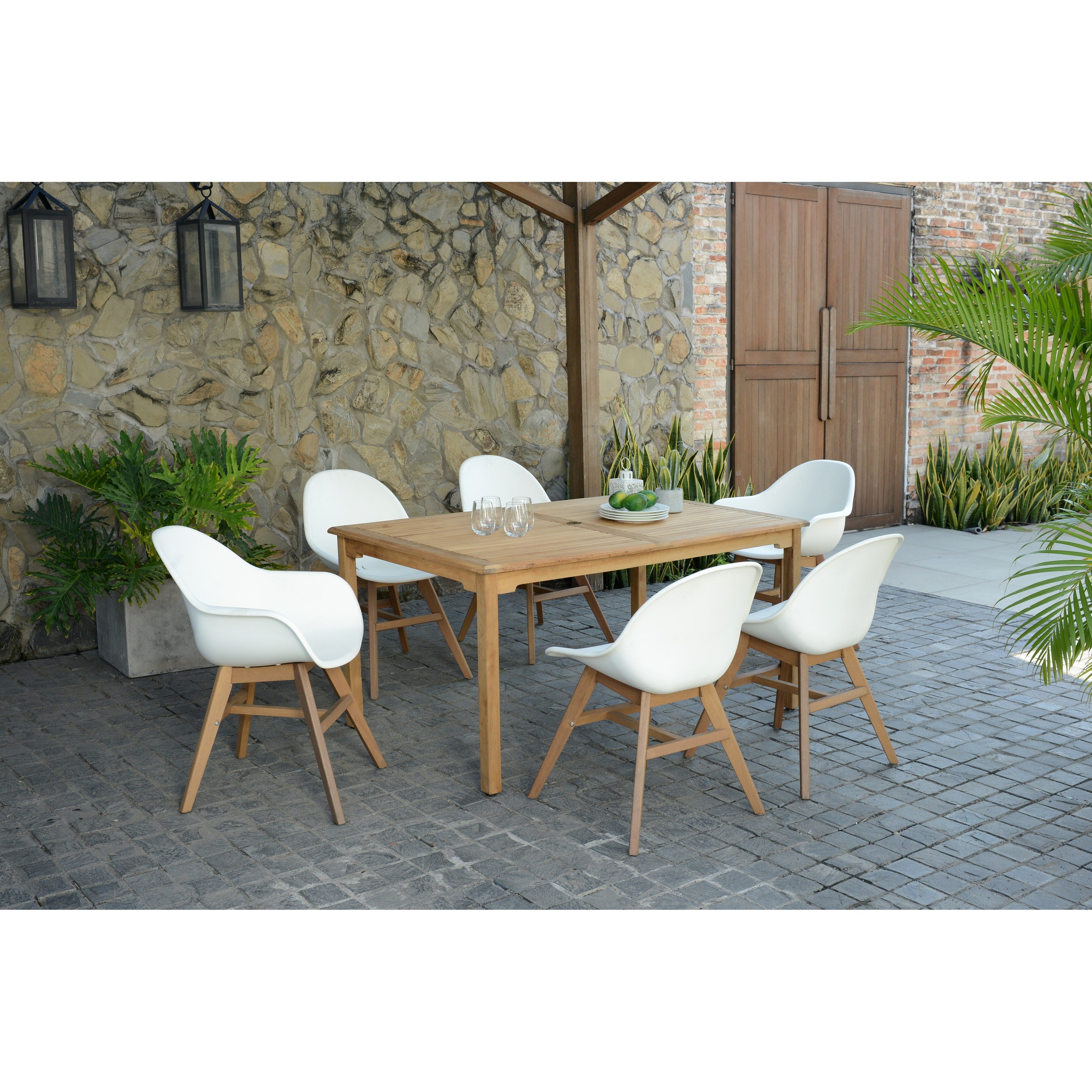 Amazonia Teak Deluxe Hawaii White 7 Piece Rectangular Sidechair Patio Dining Set