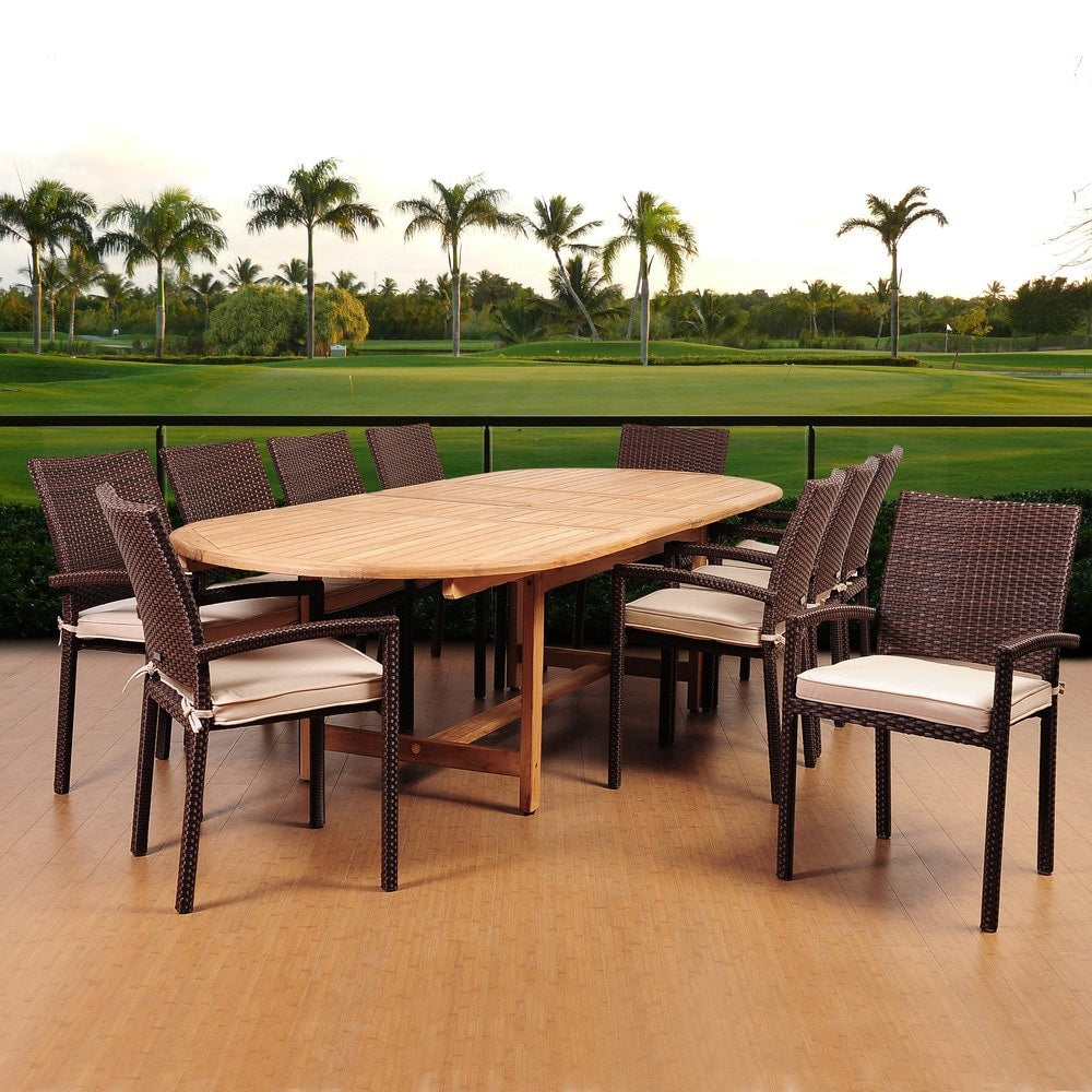 Amazonia Teak Ravello 11 Piece Teak Wicker Double Extendable Oval Patio Dining Set With Sunbrella Antique Beige Cushions