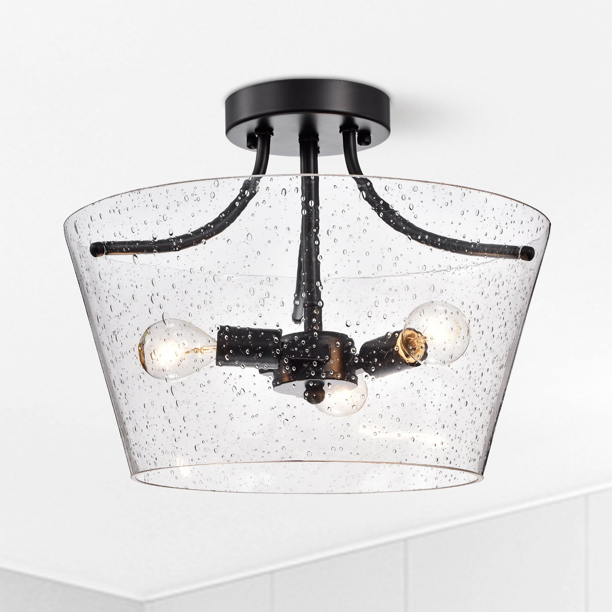 Ambrose Matte Black 3 Light Clear Seeded Glass Shade Semi Flush Mount