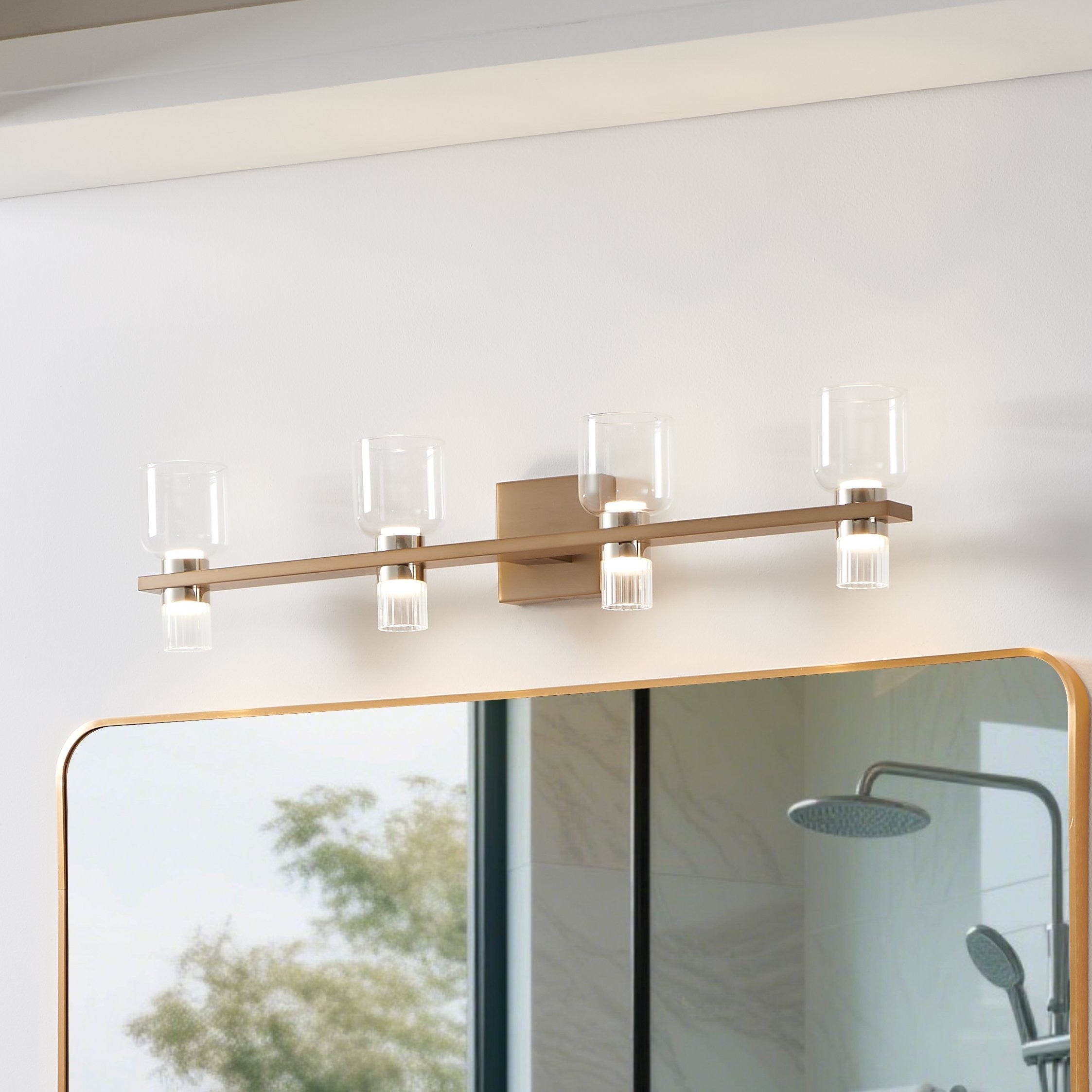 Amelia 34 Inch 8 Light Champagne Gold And Polished Nickel 5Cct Led Vanity Light With Clear And Clear Ribbed Glass