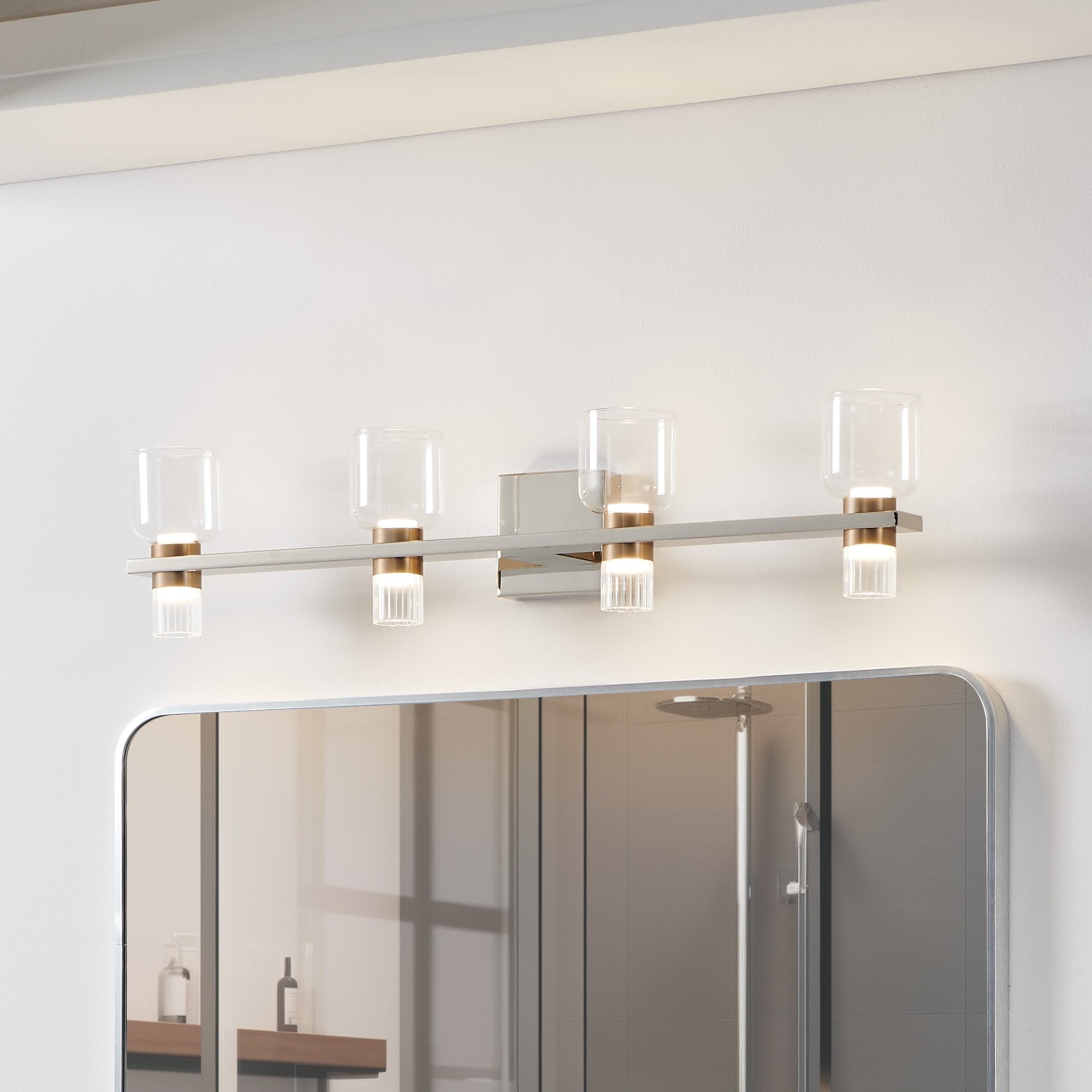 Amelia 34 Inch 8 Light Polished Nickel And Champagne Gold 5Cct Led Vanity Light With Clear And Clear Ribbed Glass