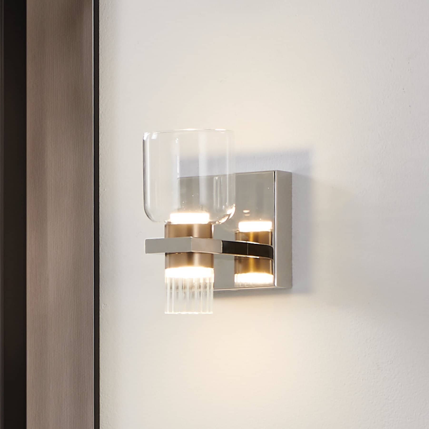 Amelia 4 Inch 2 Light Polished Nickel And Champagne Gold 5Cct Led Vanity Light With Clear And Clear Ribbed Glass