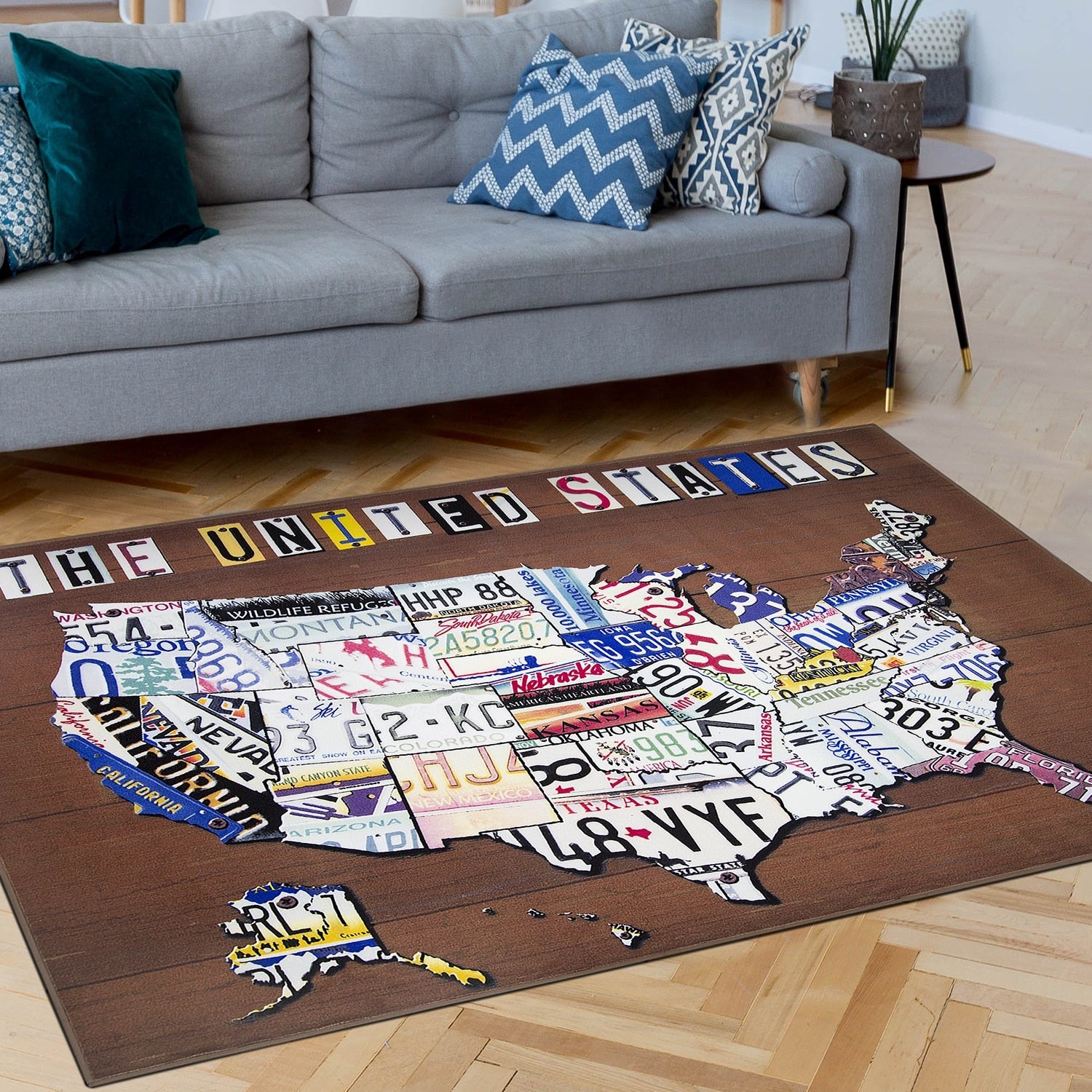 America United States License Plate Map Non Slip Indoor Outdoor Area Rug Carpet 5 X 7
