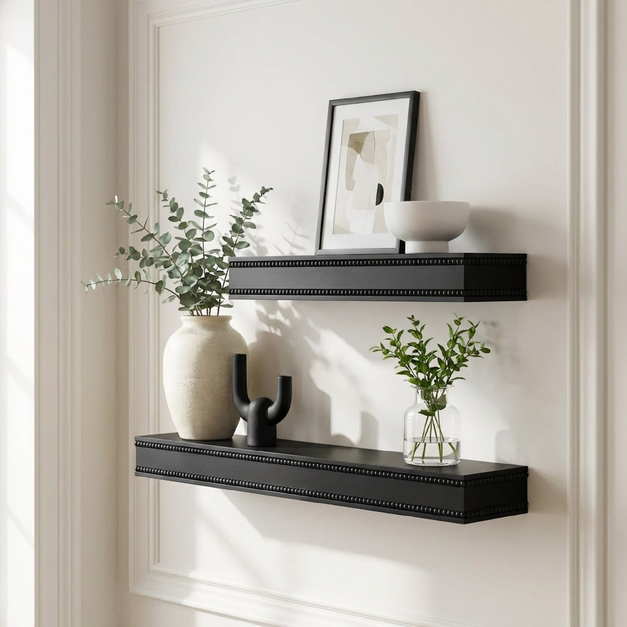 American Art Decor Beaded 2 Piece Floating Wall Shelf Set Black Shabby Chic 23 X 5