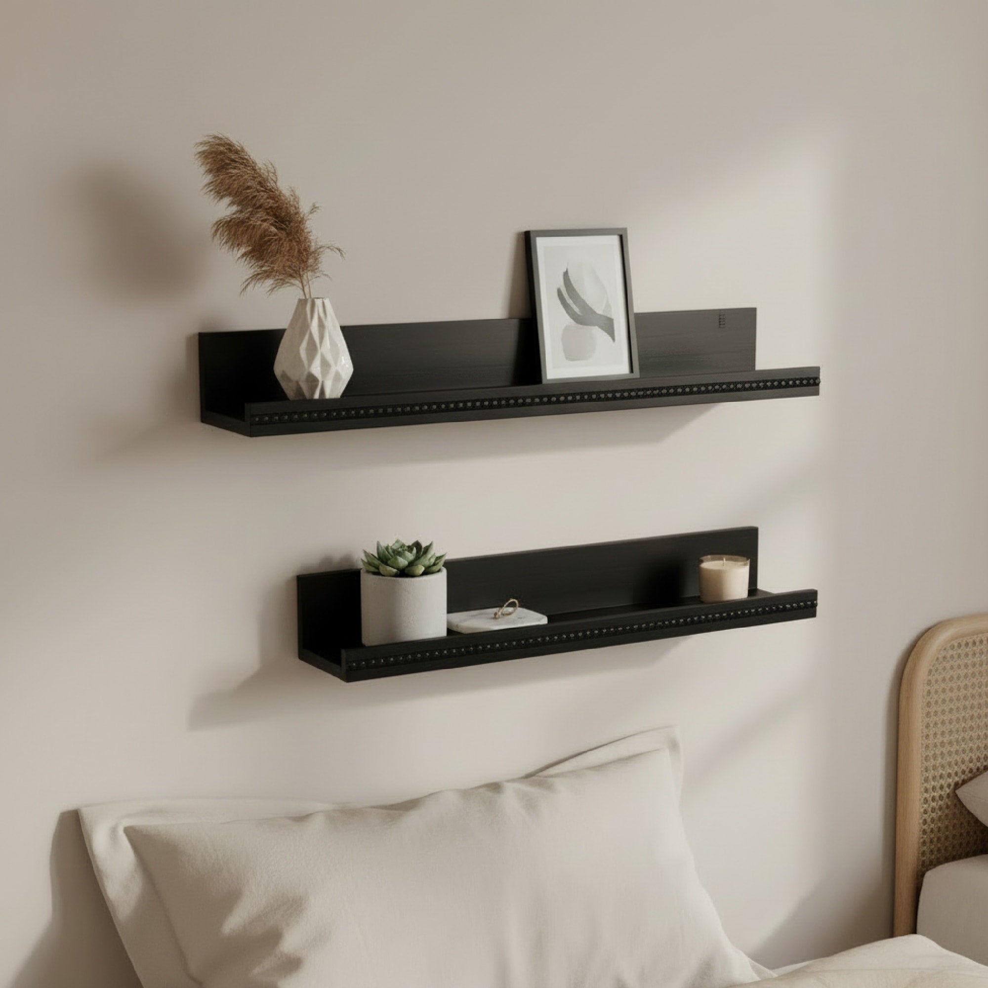 American Art Decor Beaded Ledge 2 Piece Floating Wall Shelf Set Black Shabby Chic 23 X 4