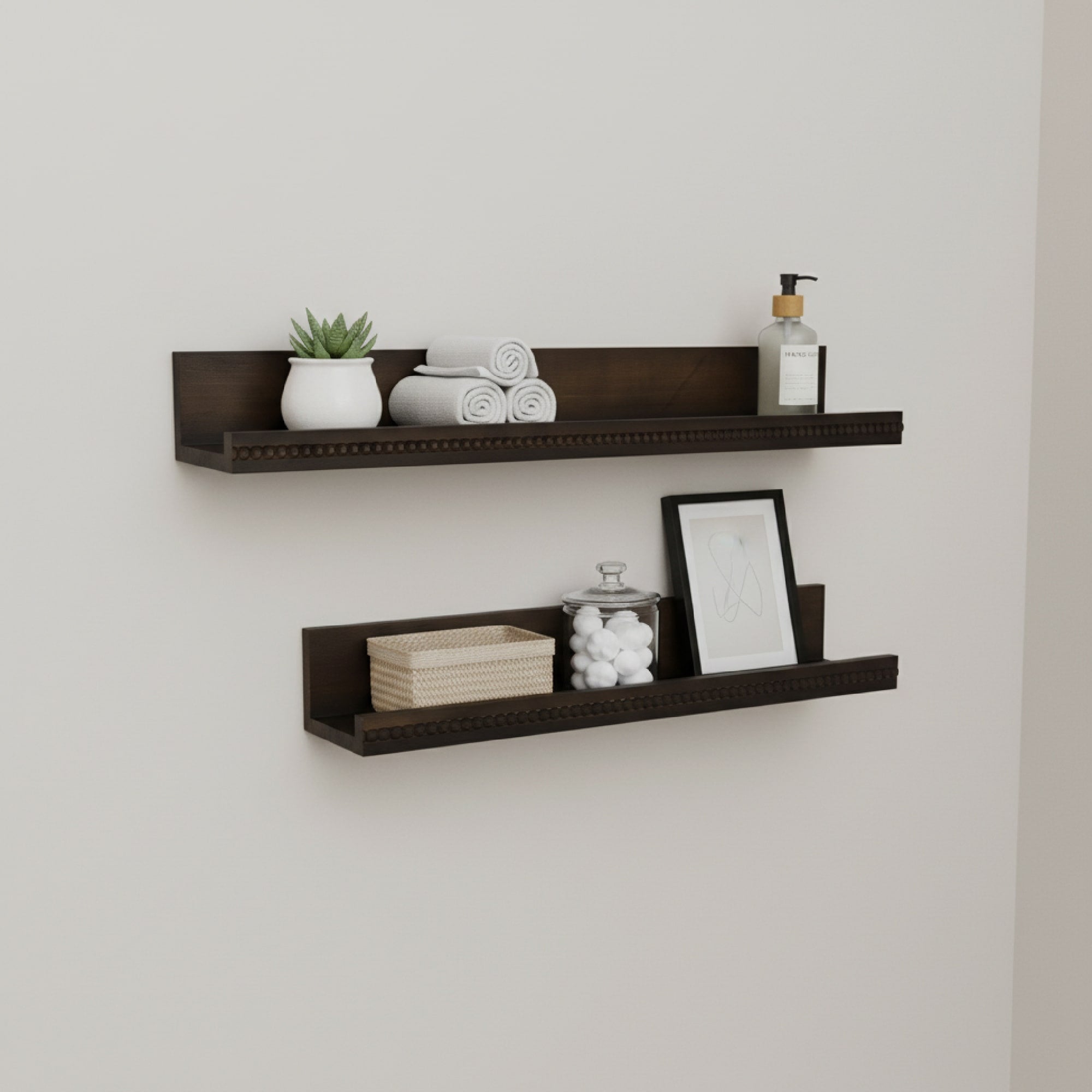American Art Decor Beaded Ledge 2 Piece Floating Wall Shelf Set Kona Dark Brown Shabby Chic 23 X 4