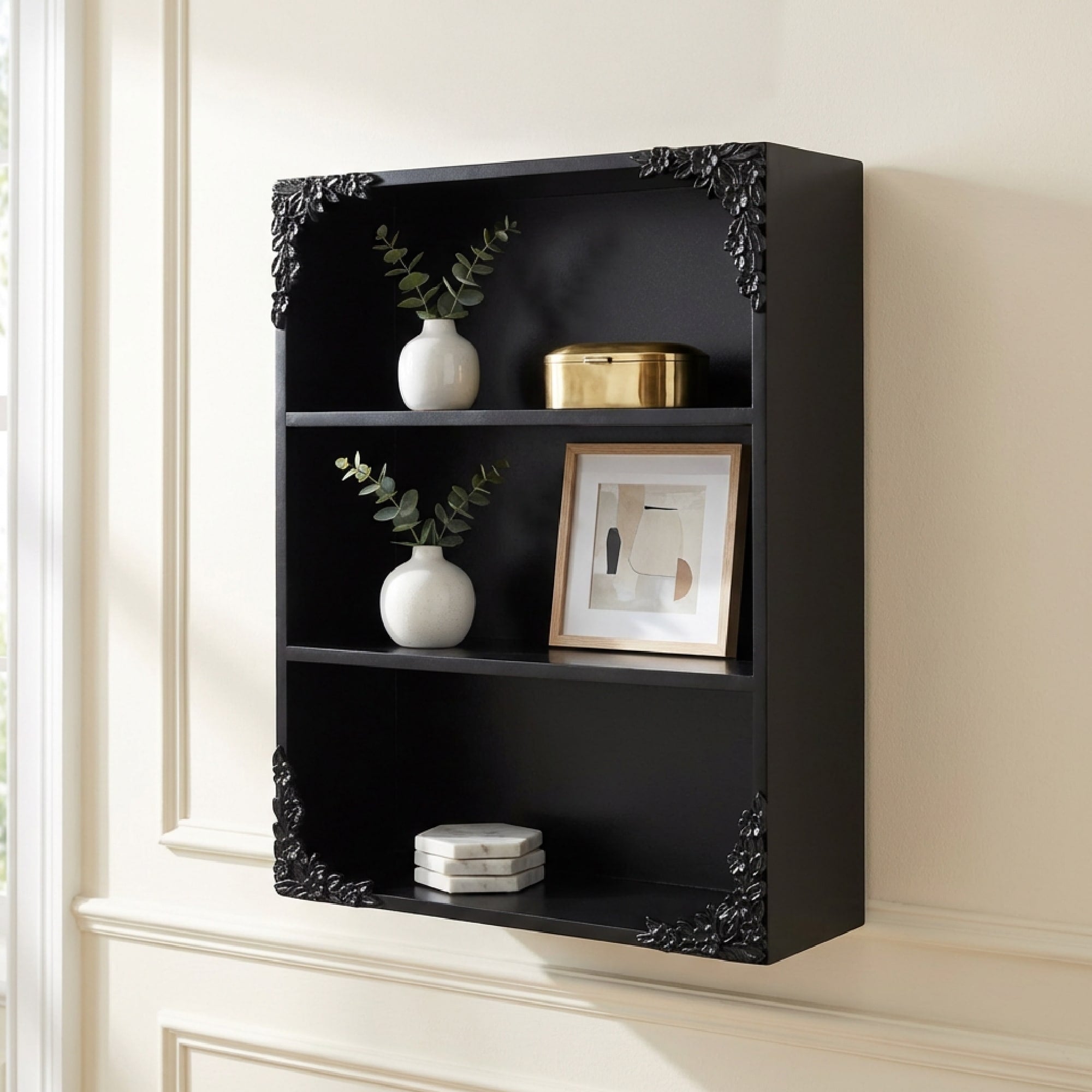 American Art Decor Ornate Floral 3 Tier Decorative Vintage Wall Mounted Shelf Black 19.87 X 23.75