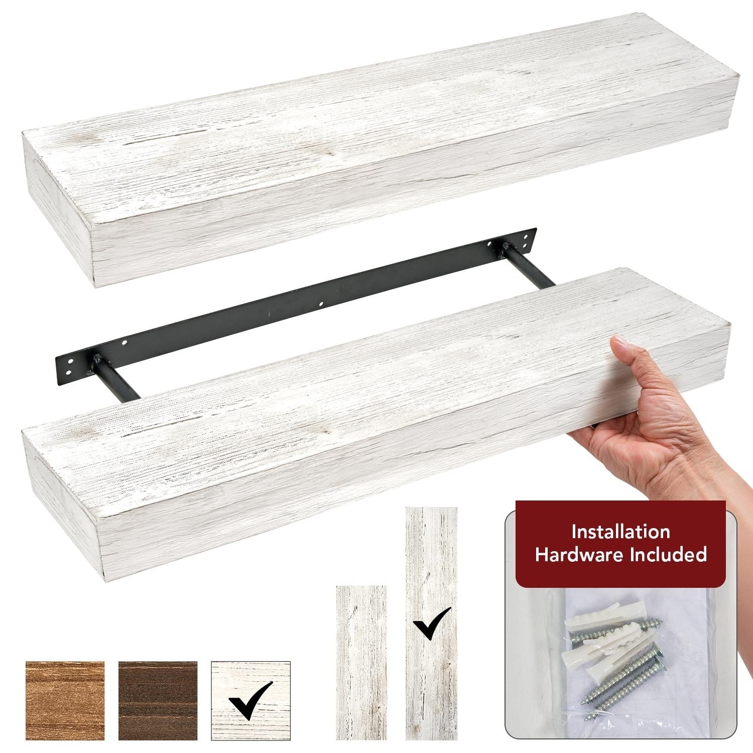 American Art Decor Rustic Whitewashed Wood Floating Wall Shelf Large