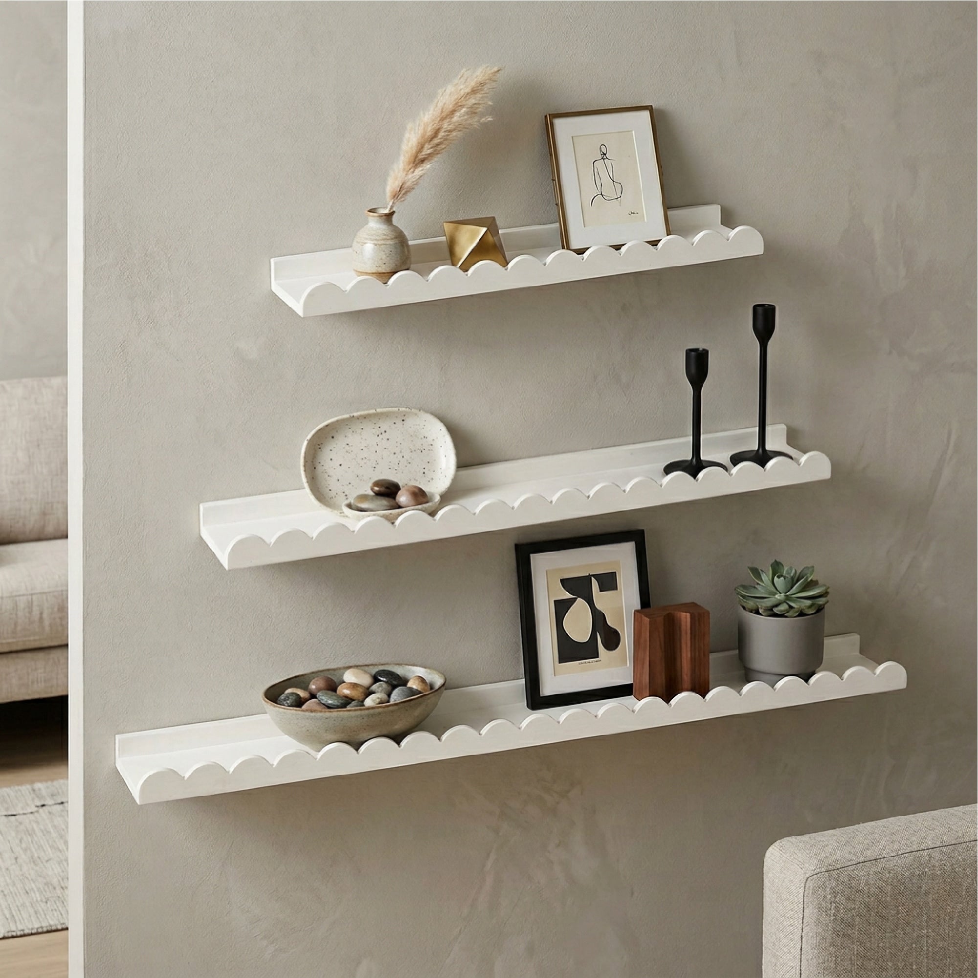 American Art Decor Scallop Floating Wall Shelf Set Of 3 Wood Picture Ledge Shelves With Lip Decorative Shabby Chic Shelves