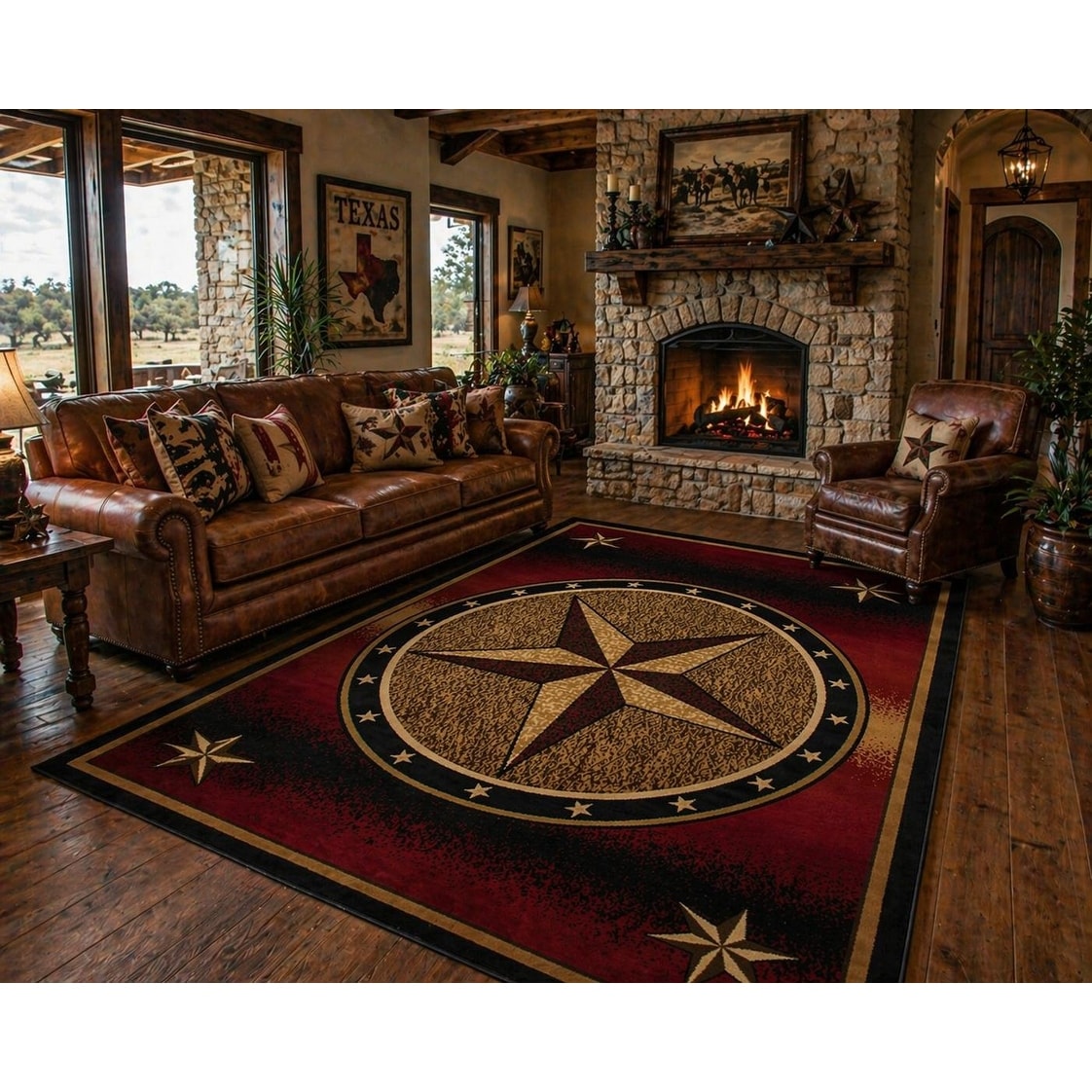 Rustic Lodge Western Texan Star Red Black Synthetic Cabin Area Rug Multi 710 X 910