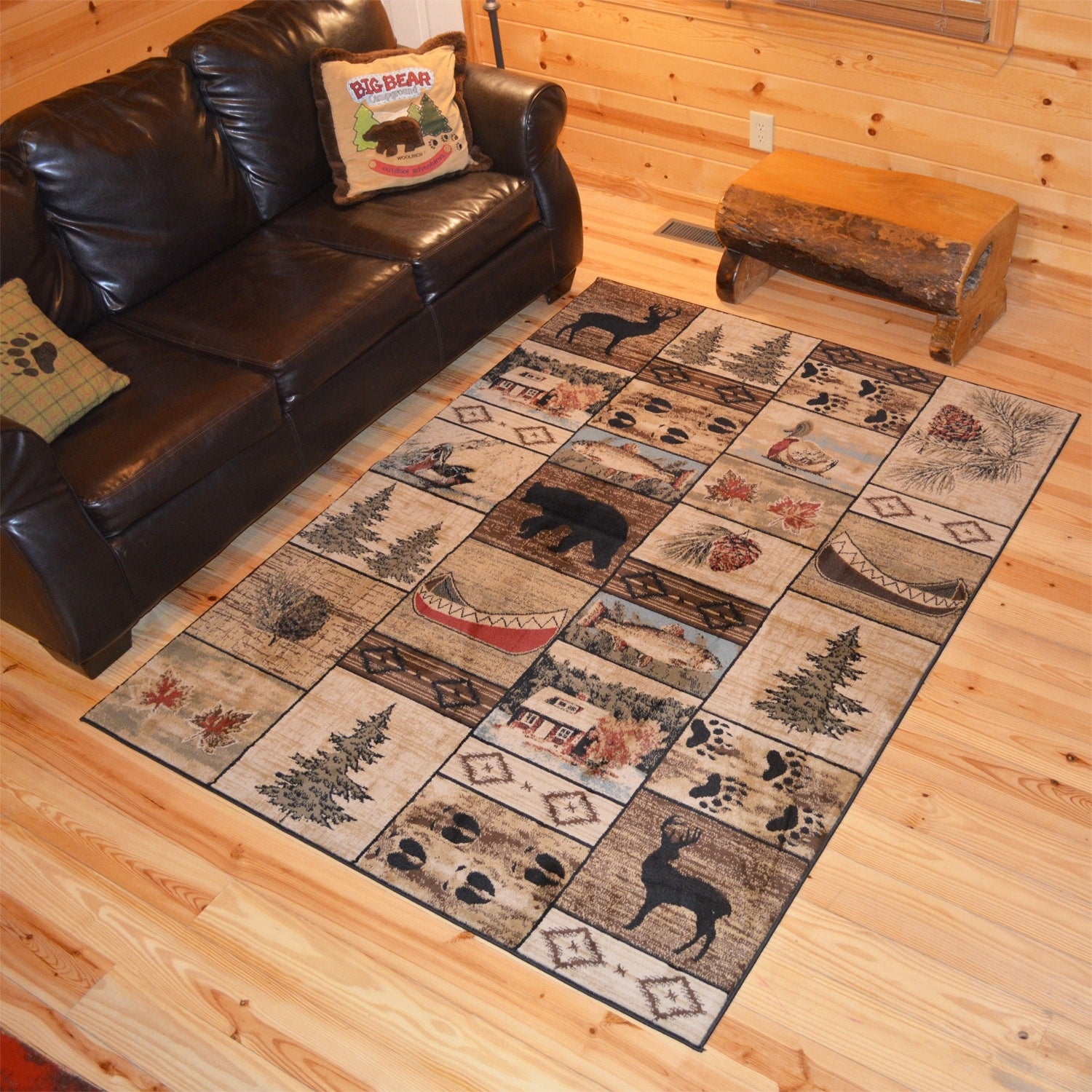Rustic Lodge Bear Cabin Multipanel Area Rug Multi 53 X 73