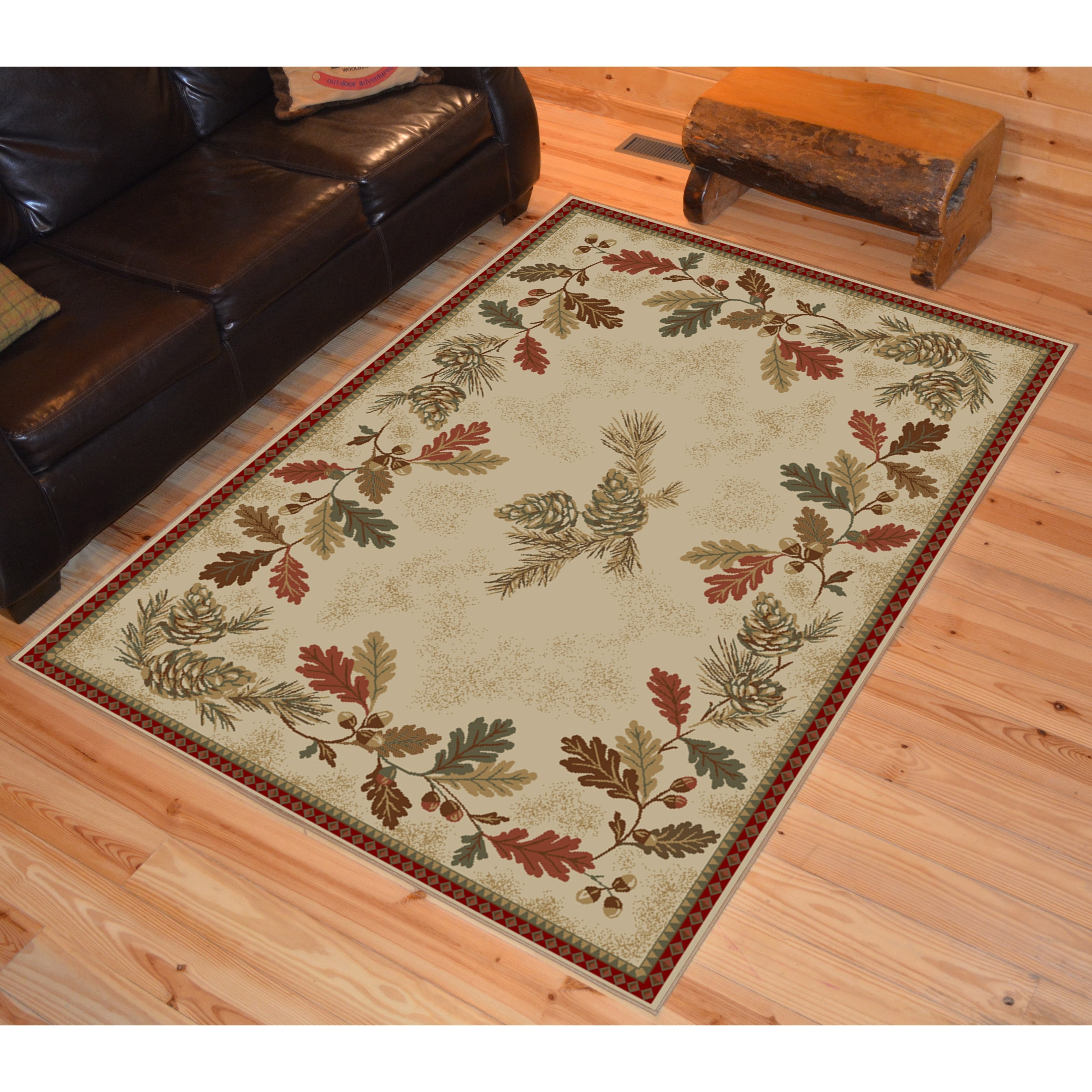 Rustic Lodge Oak Leaves Border Ivory Area Rug 710 X 910