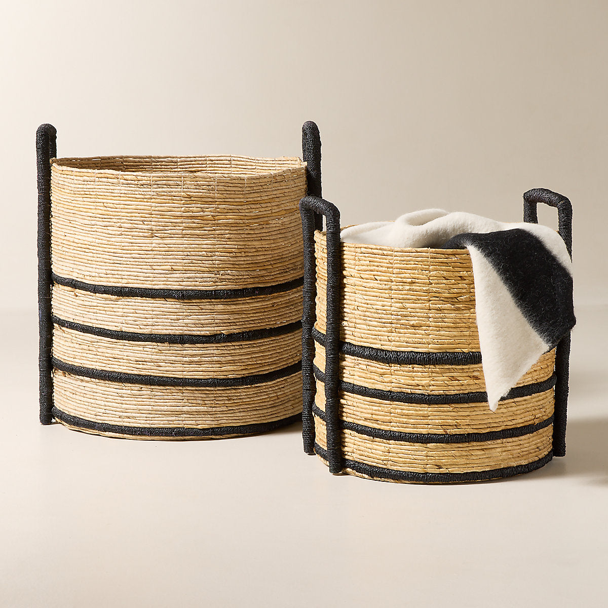 Aminah Woven Storage Tote Basket with Black Handles