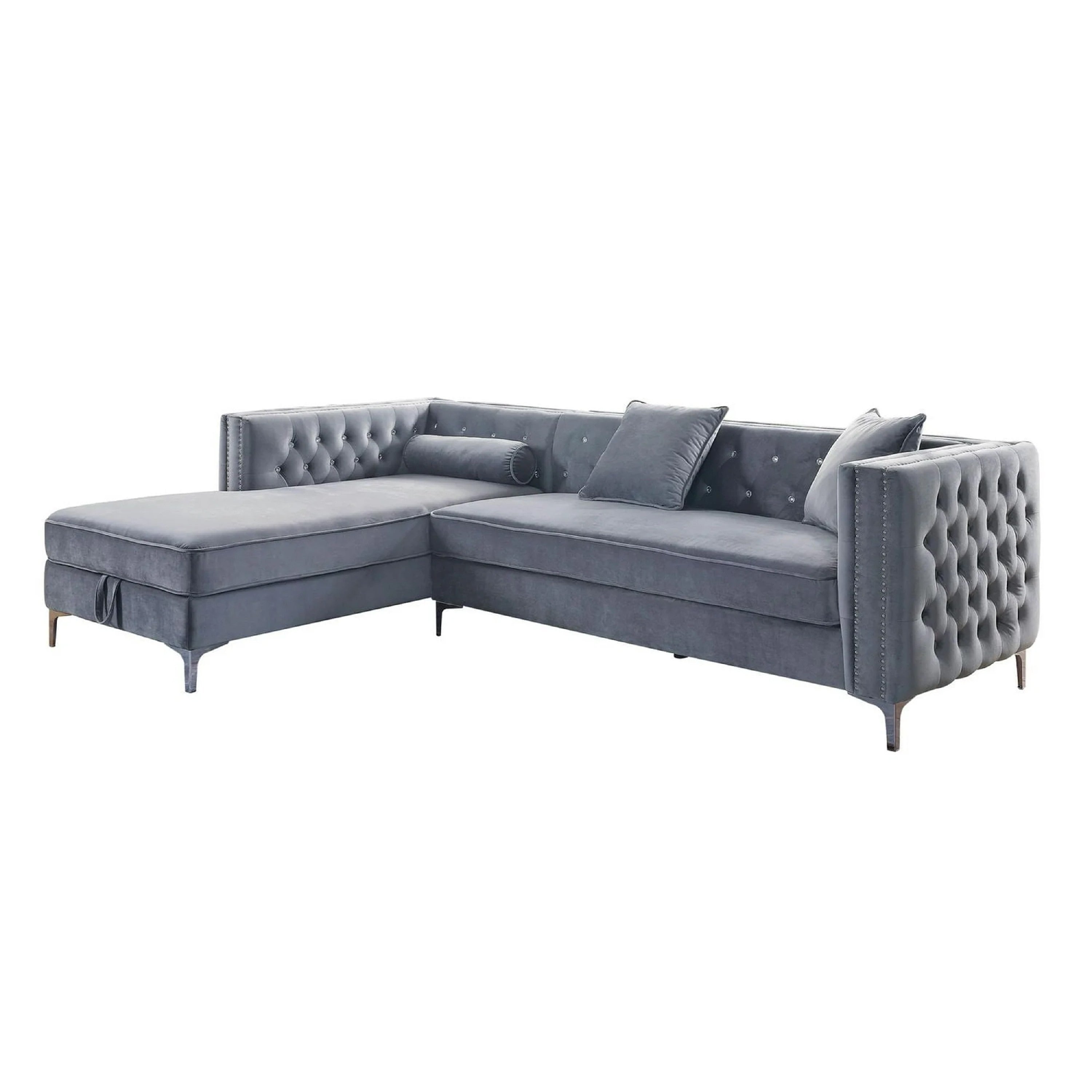 Amna Sectional Sofa Storage Chaise Gray Tufted Flannelette 108 Inch