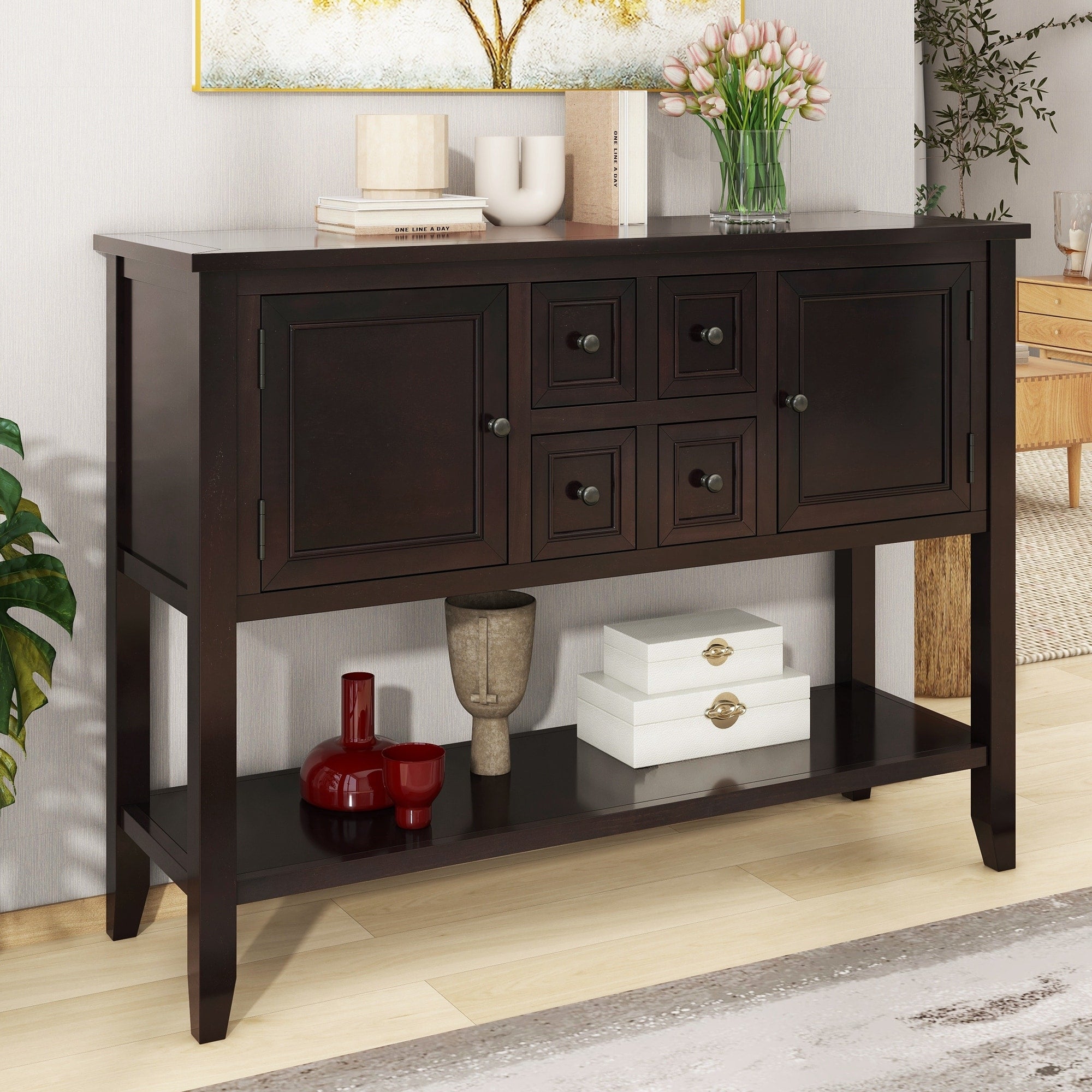 Ample Storage Vintage Console Table With Four Small Drawers And Bottom Shelf For Living Rooms Entrances And Kitchens