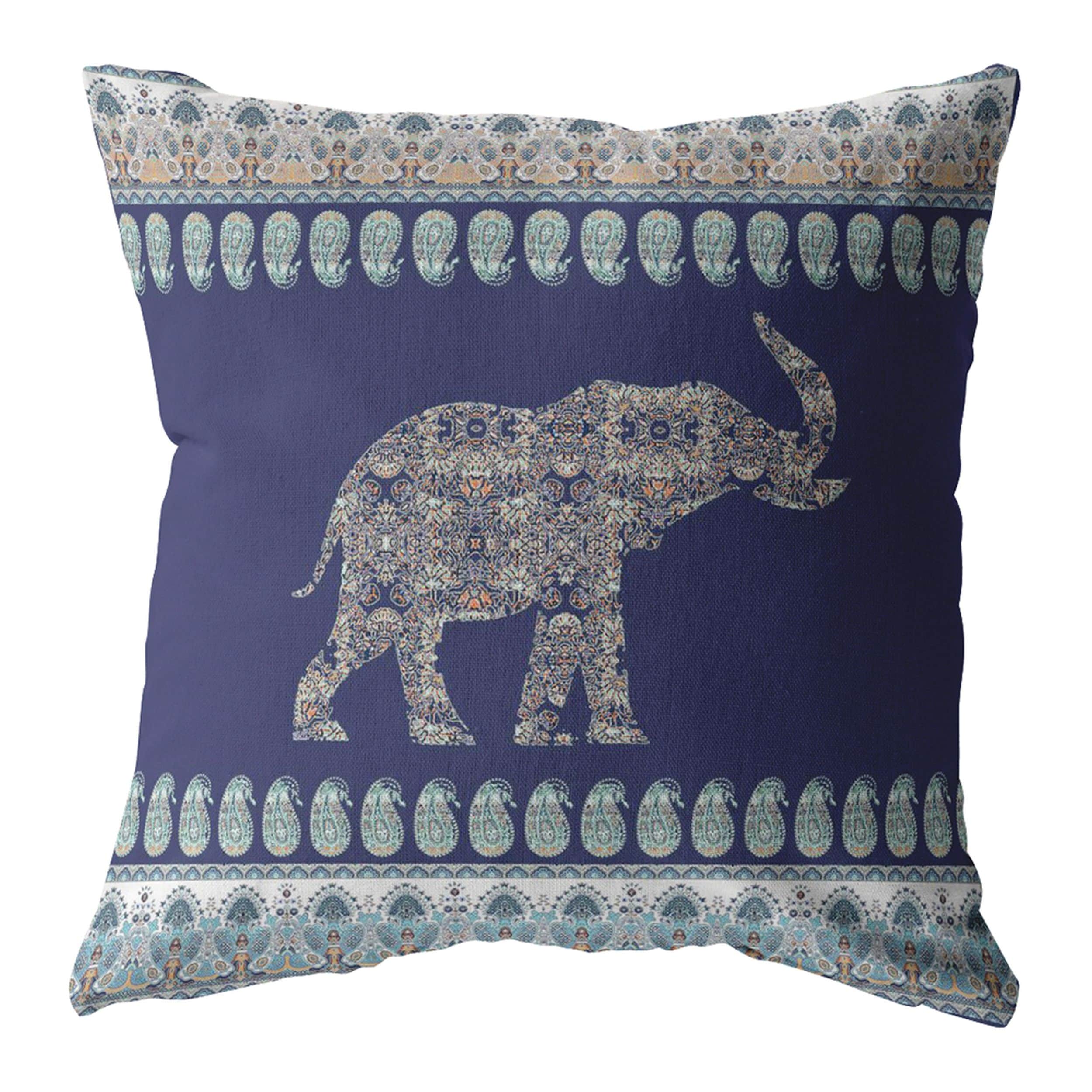 Paisley Elephant Double Sided Suede Pillow Zippered Navy
