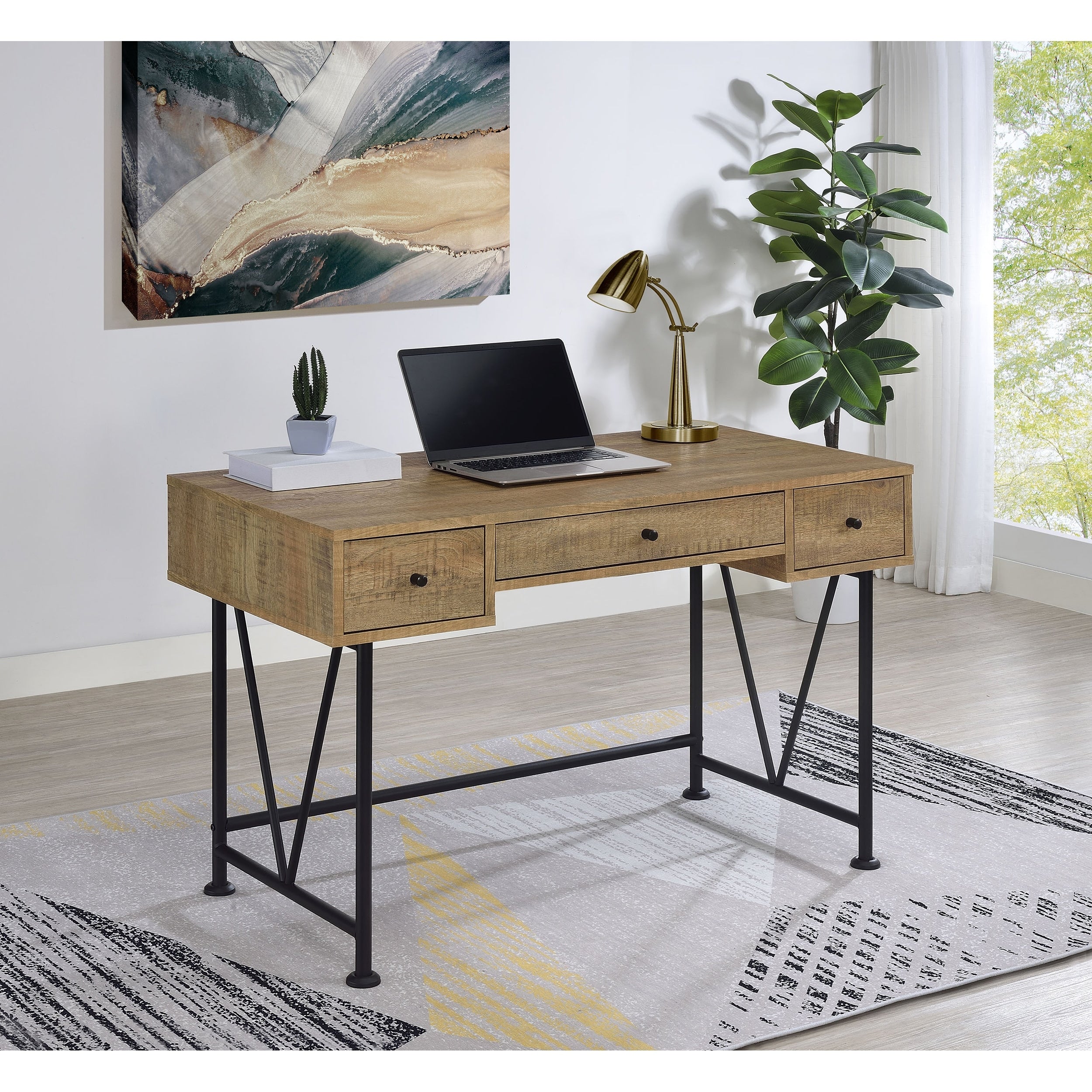 Carbon Loft Jess Black Metal V Base Reclaimed Wood 3 Drawer Desk
