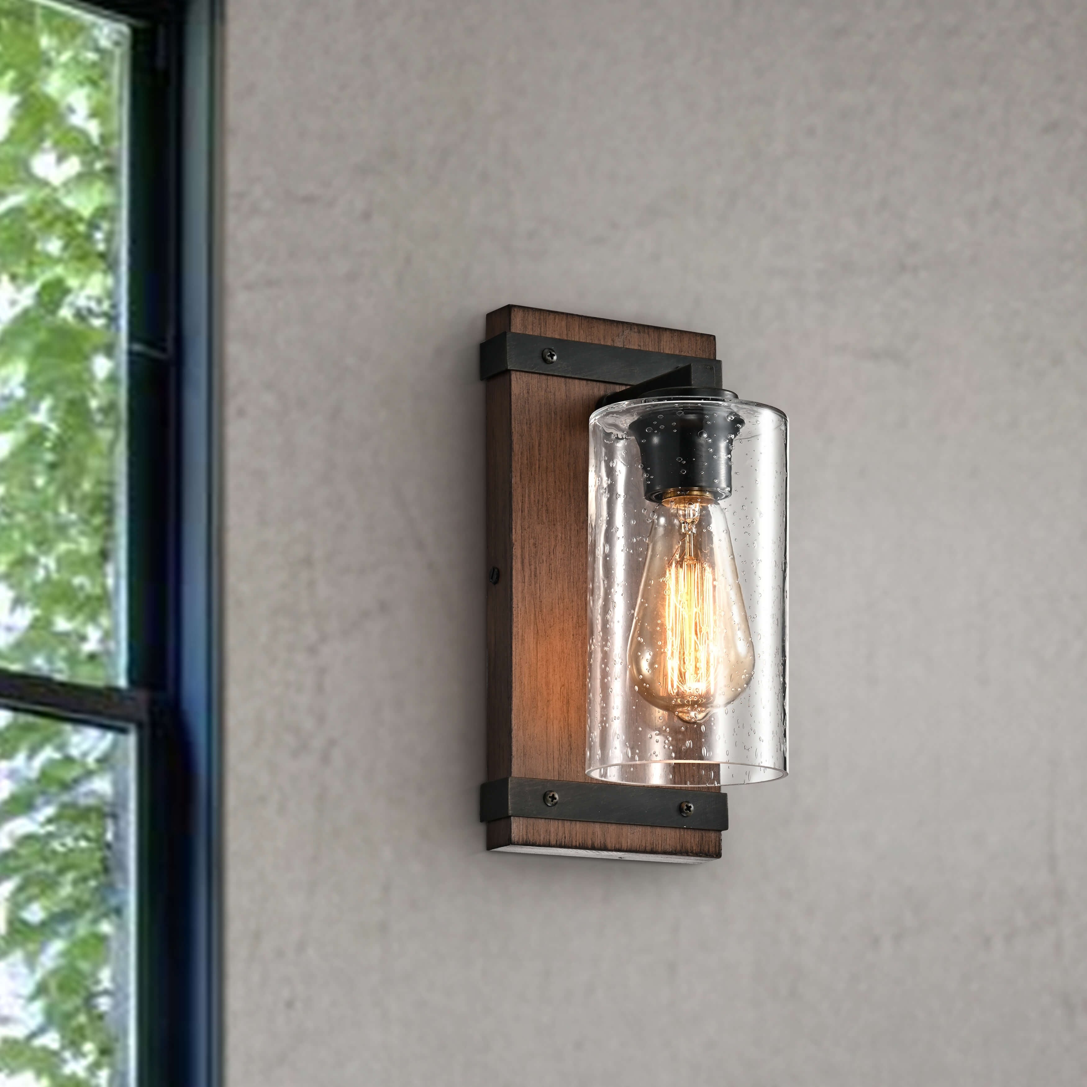 Anastasia Antique Black Metal And Natural Wood Base Glass Wall Sconce
