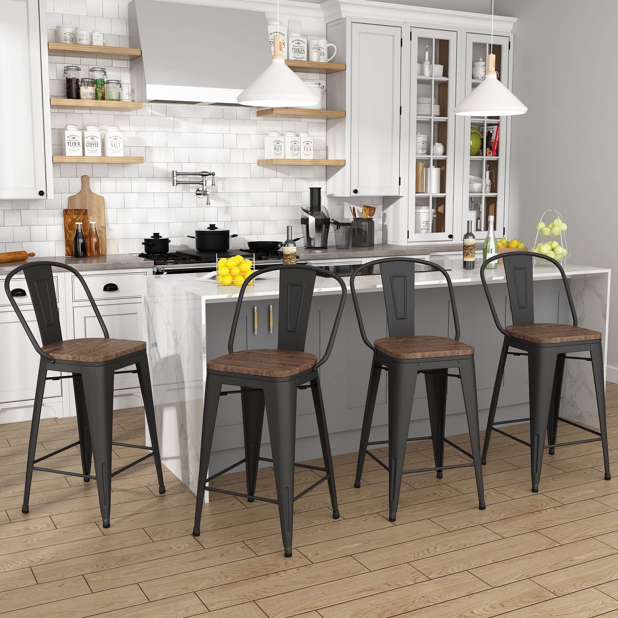 Andeworld High Back Metal Barstools Dining Chair Counter Stool Bar Chairs With Wooden Seat Set Of 4 26 Inch