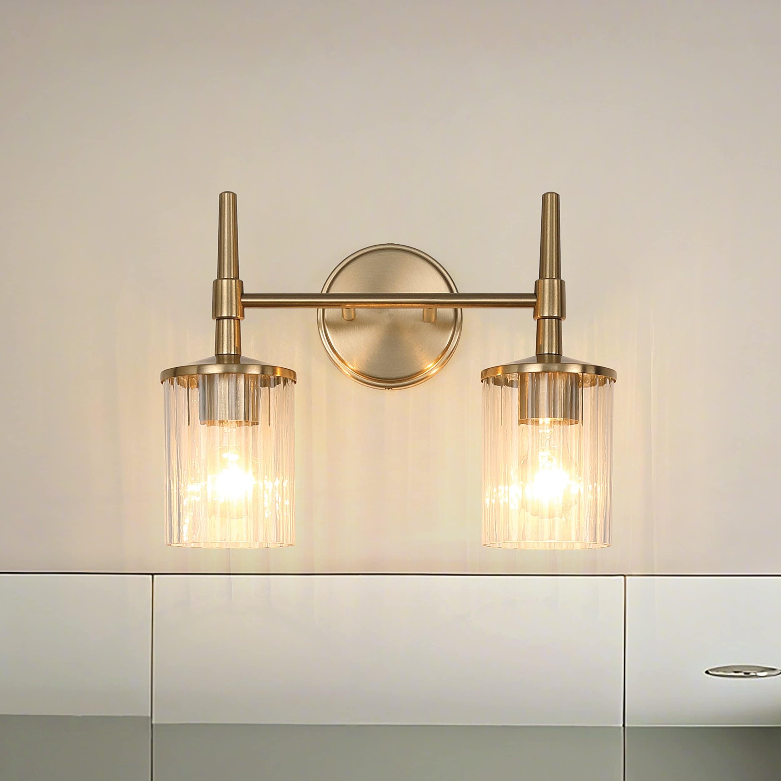 Andrea 15 Inch 2 Light Champagne Gold Vanity Light With Clear Ribbed Glass Shades