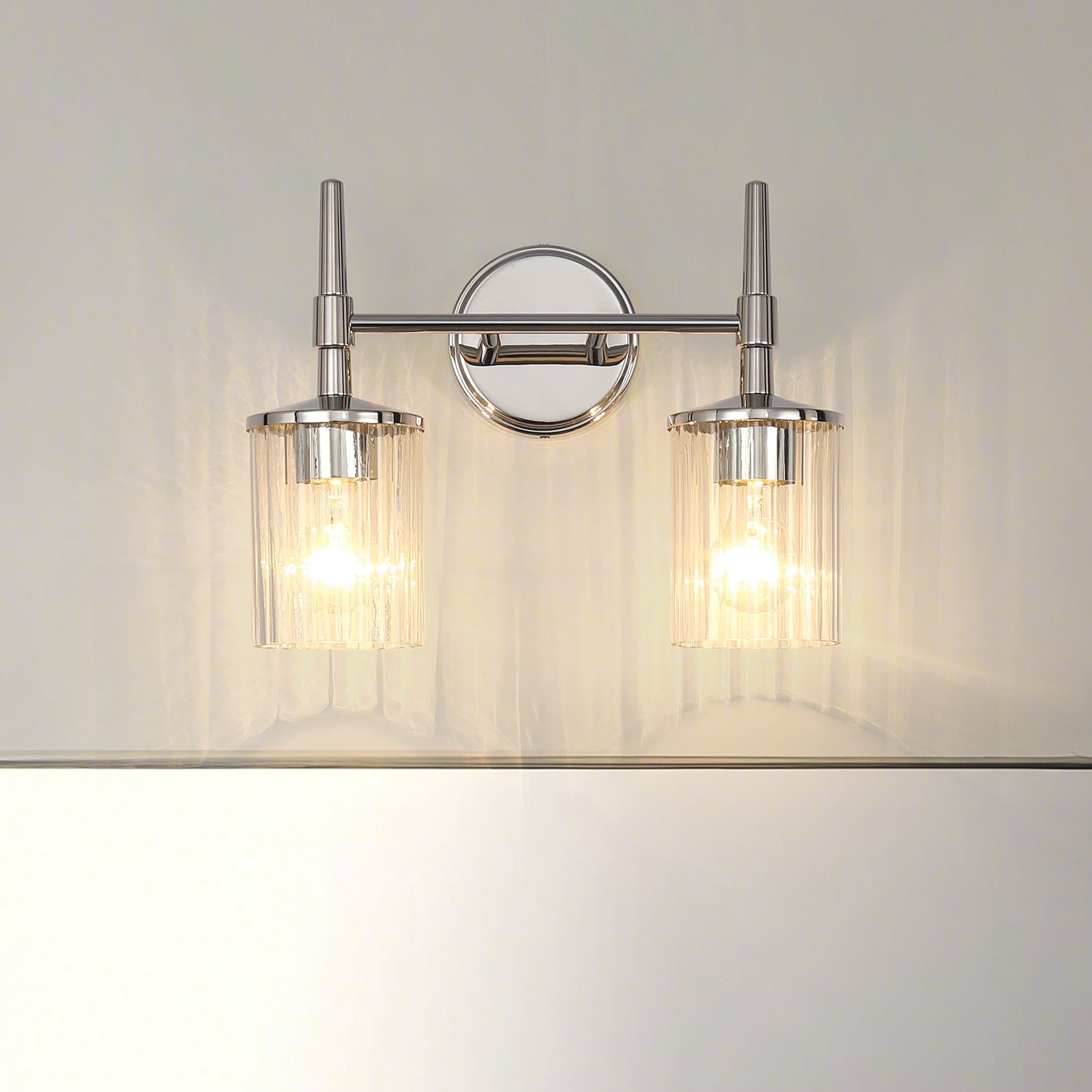 Andrea 15 Inch 2 Light Polished Nickel Vanity Light With Clear Ribbed Glass Shades