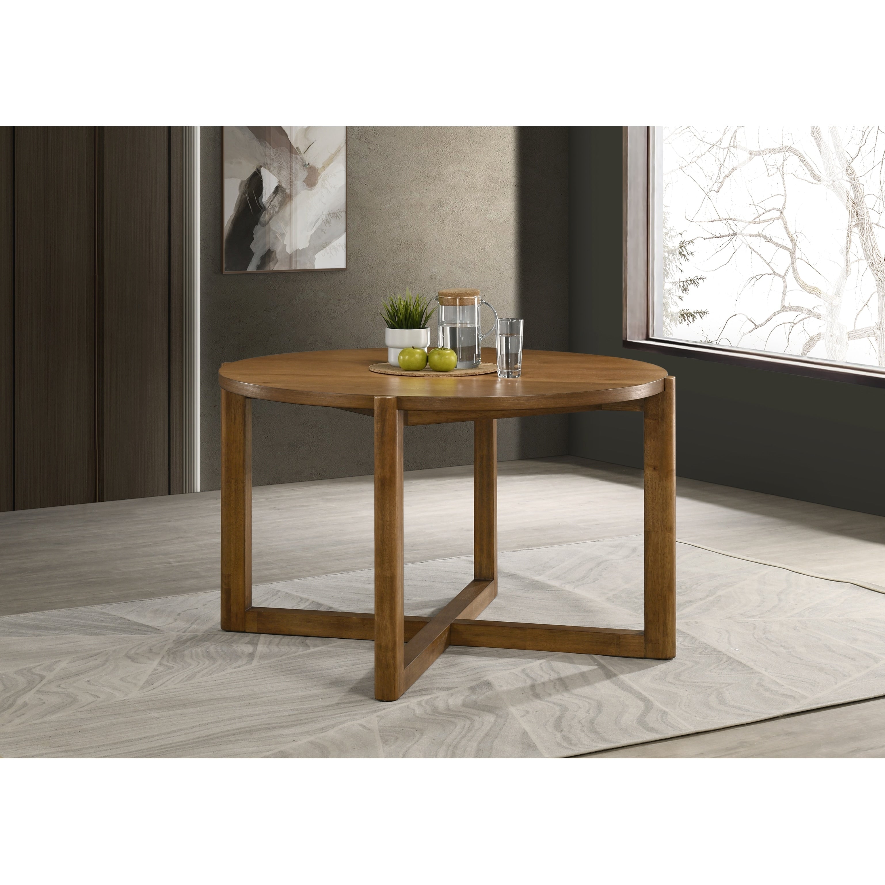 Andrew 47 Inch Round Dining Table Mid Century Modern Walnut Finish Wood Table With Cross Sled Base Seats 4
