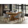 Andrew 7 Piece Oval Dining Set 88 Inch Walnut Finish Pedestal Table With 6 Light Gray Fabric Upholstered Chairs Seats 8