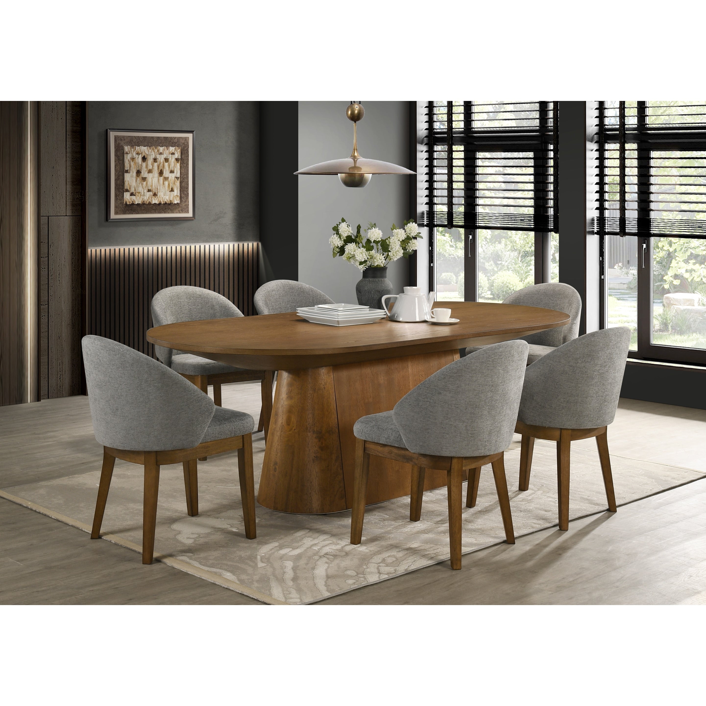 Andrew 7 Piece Oval Dining Set 88 Inch Walnut Finish Pedestal Table With 6 Light Gray Fabric Upholstered Chairs Seats 8