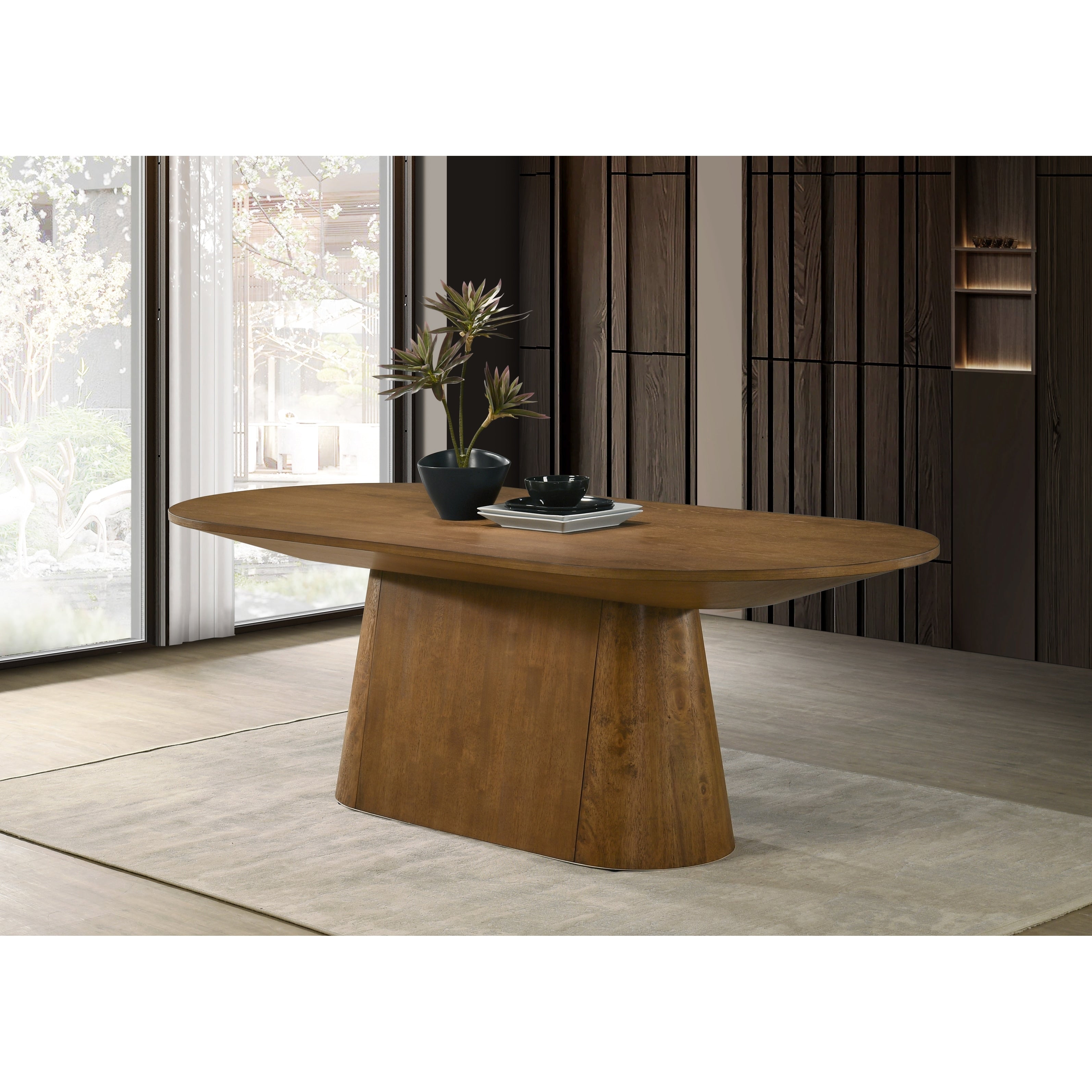 Andrew 88 Inch Oval Dining Table Walnut Finish Modern Oval Wood Dining Table With Sculptural Pedestal Base Seats 8