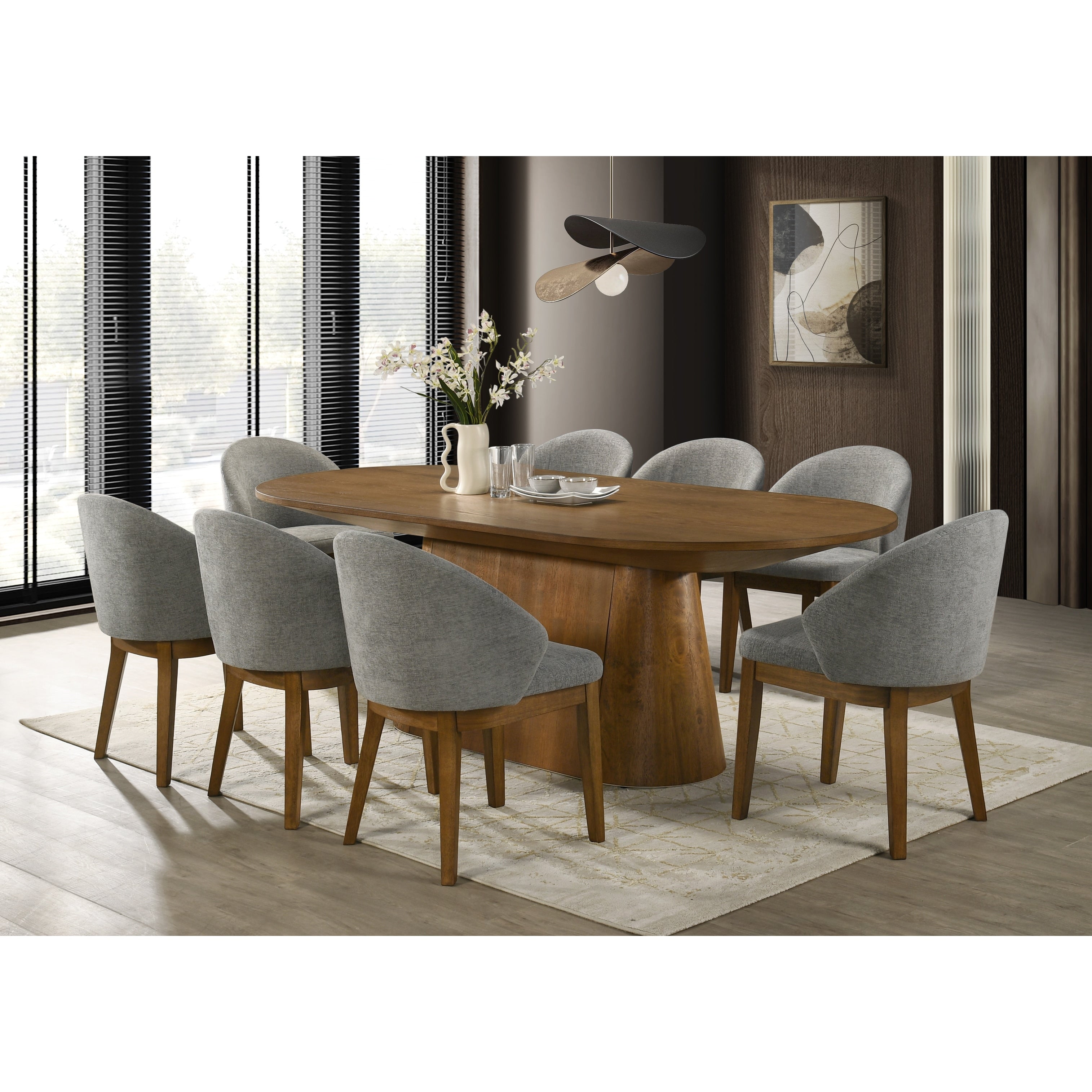 Andrew 9 Piece Oval Dining Set 88 Inch Walnut Finish Pedestal Table With 8 Light Gray Fabric Upholstered Chairs Seats 8