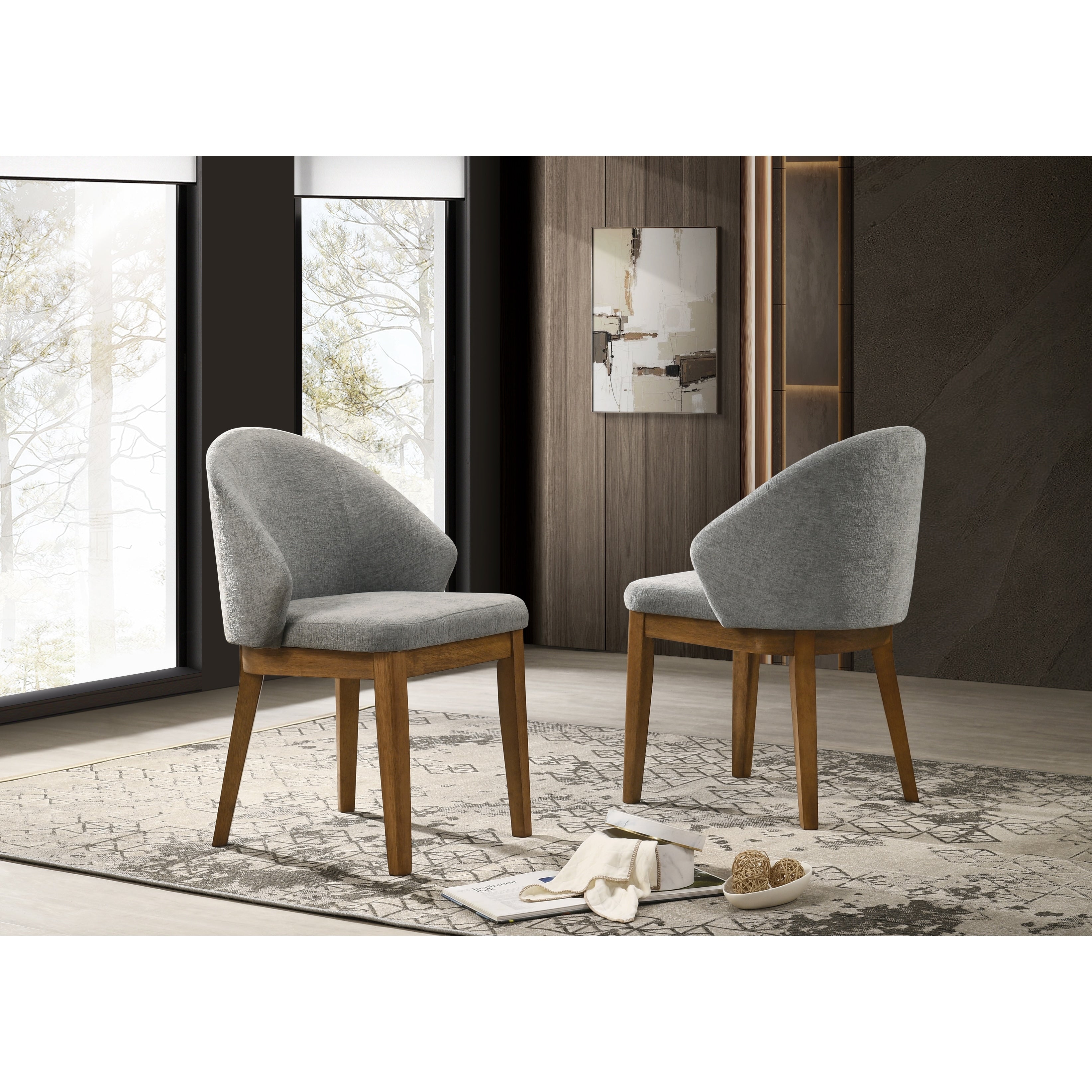 Andrew Set Of 2 Barrel Back Upholstered Dining Chairs Light Grey Fabric Walnut Finish Legs