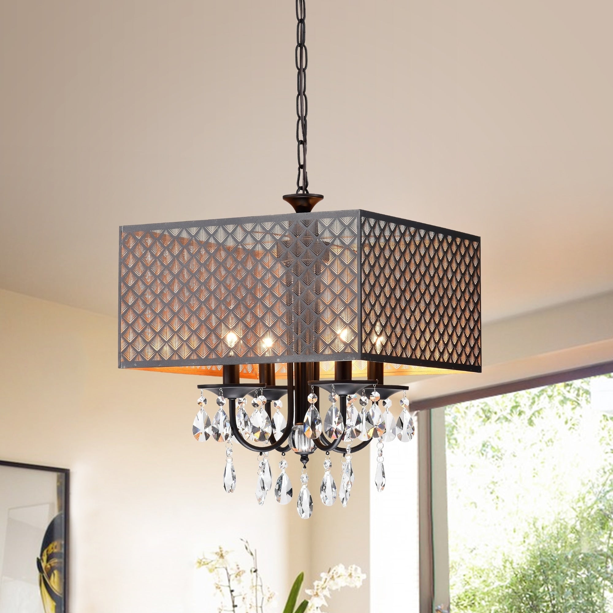 Aneji Matte Black Gold 4 Light Chandelier With Metal Shade