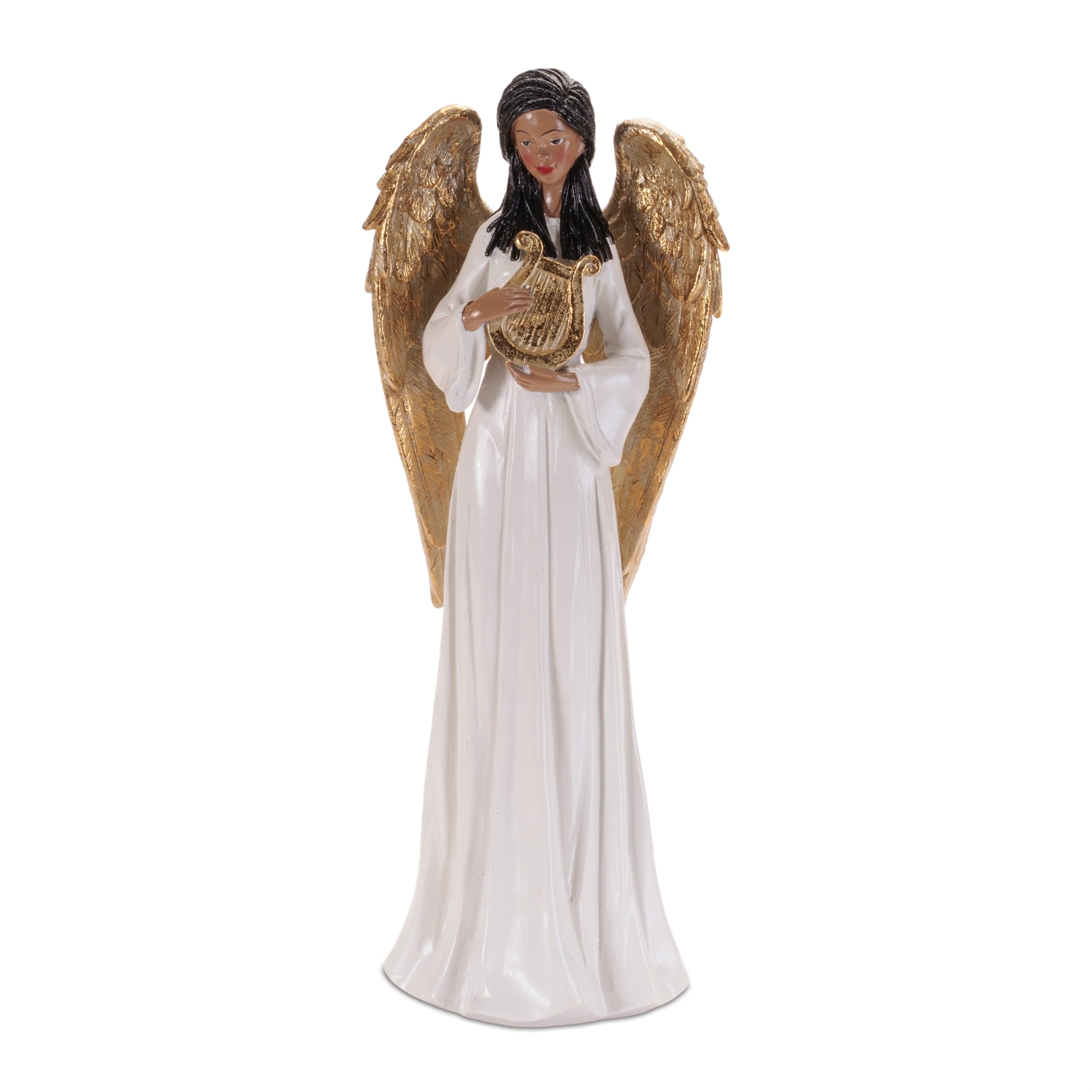Angel Figurine With Harp And Gold Wings