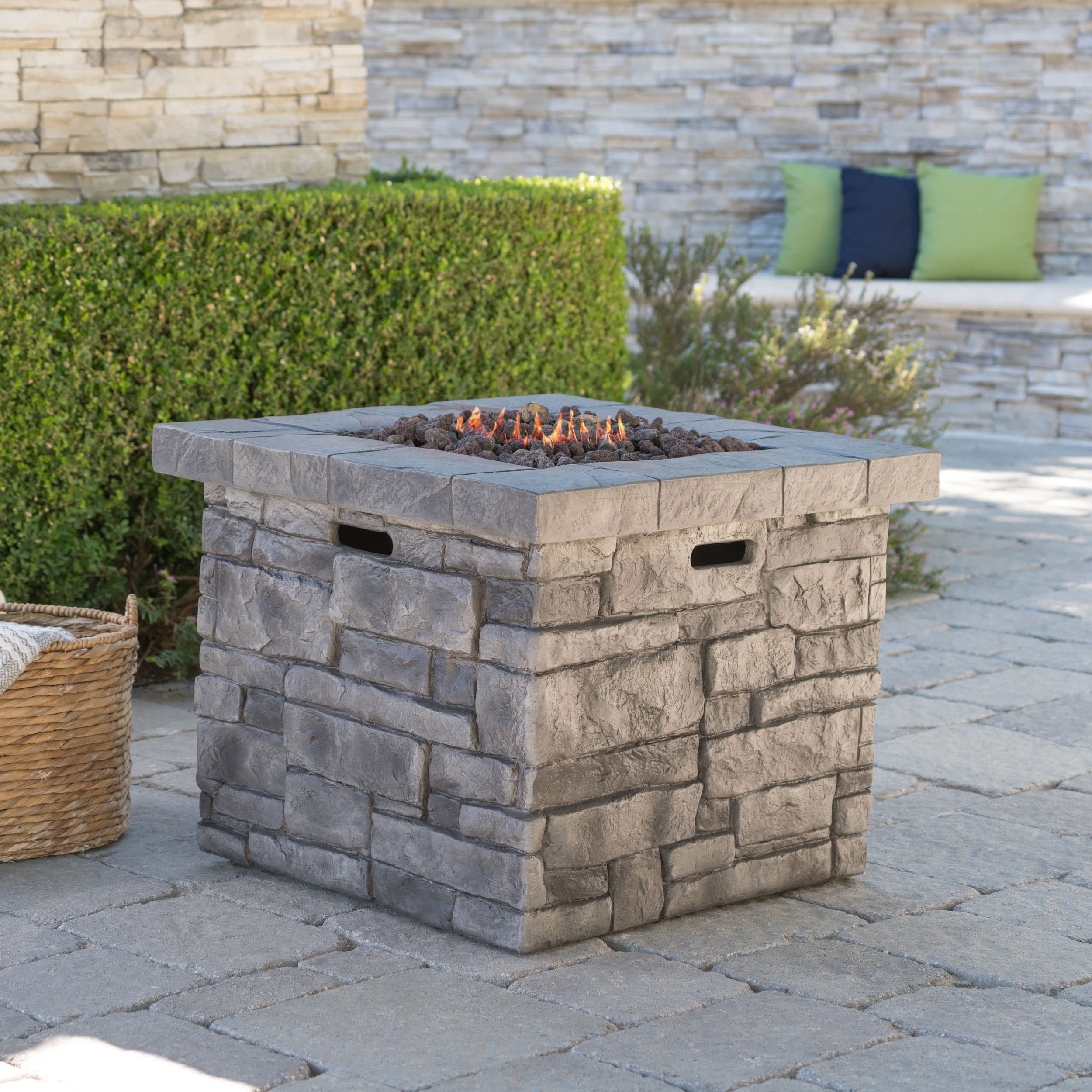 Angeles Outdoor Propane Square Fire Pit Table With Lava Rocks By Christopher Knight Home