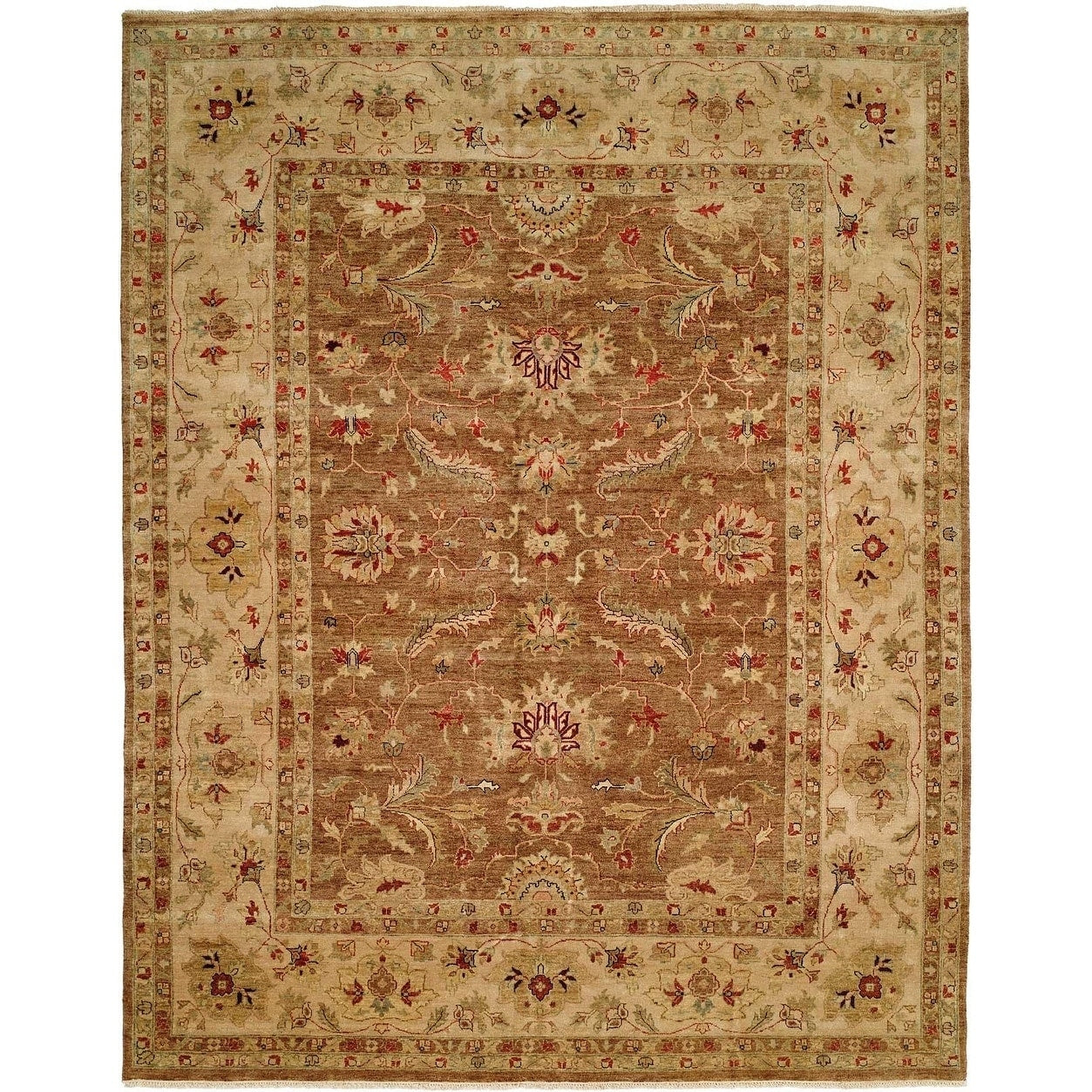 Traditional Medium Brown Ivory Hand Knotted Area Rug