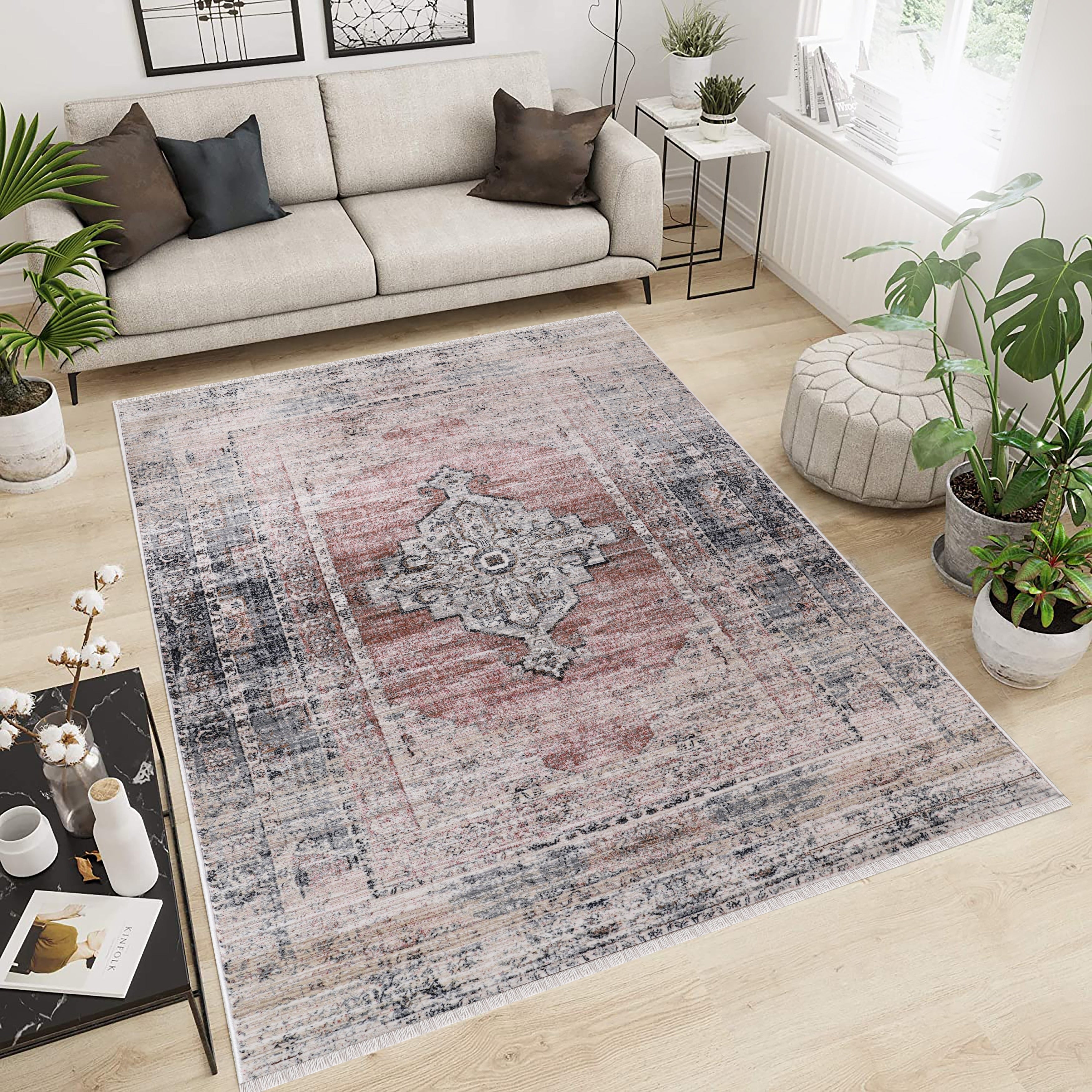 Anna Collection Traditional Beige Red Grey Area Rug