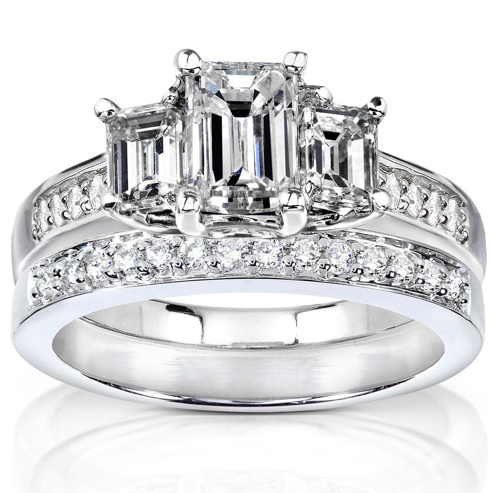 Annello By Kobelli 14K White Gold 1 7 8Ct Tdw Emerald Cut Natural Diamond 3 Stone Bridal Set