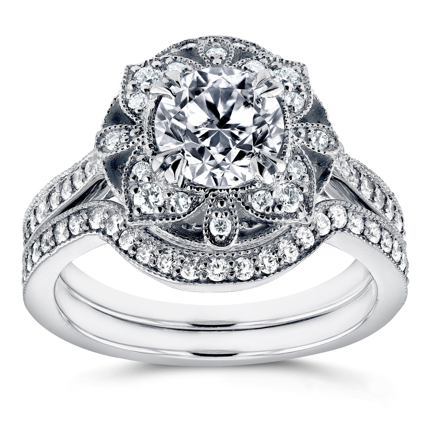 Annello By Kobelli 14K White Gold 1 1 2Ct Tdw Diamond 2 Piece Floral Antique Bridal Set