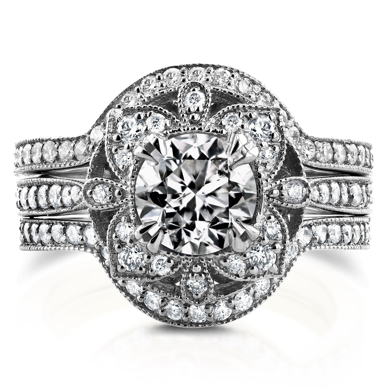 Annello By Kobelli 14K White Gold 1 5 8Ct Tdw Diamond 3 Piece Floral Antique Bridal Set