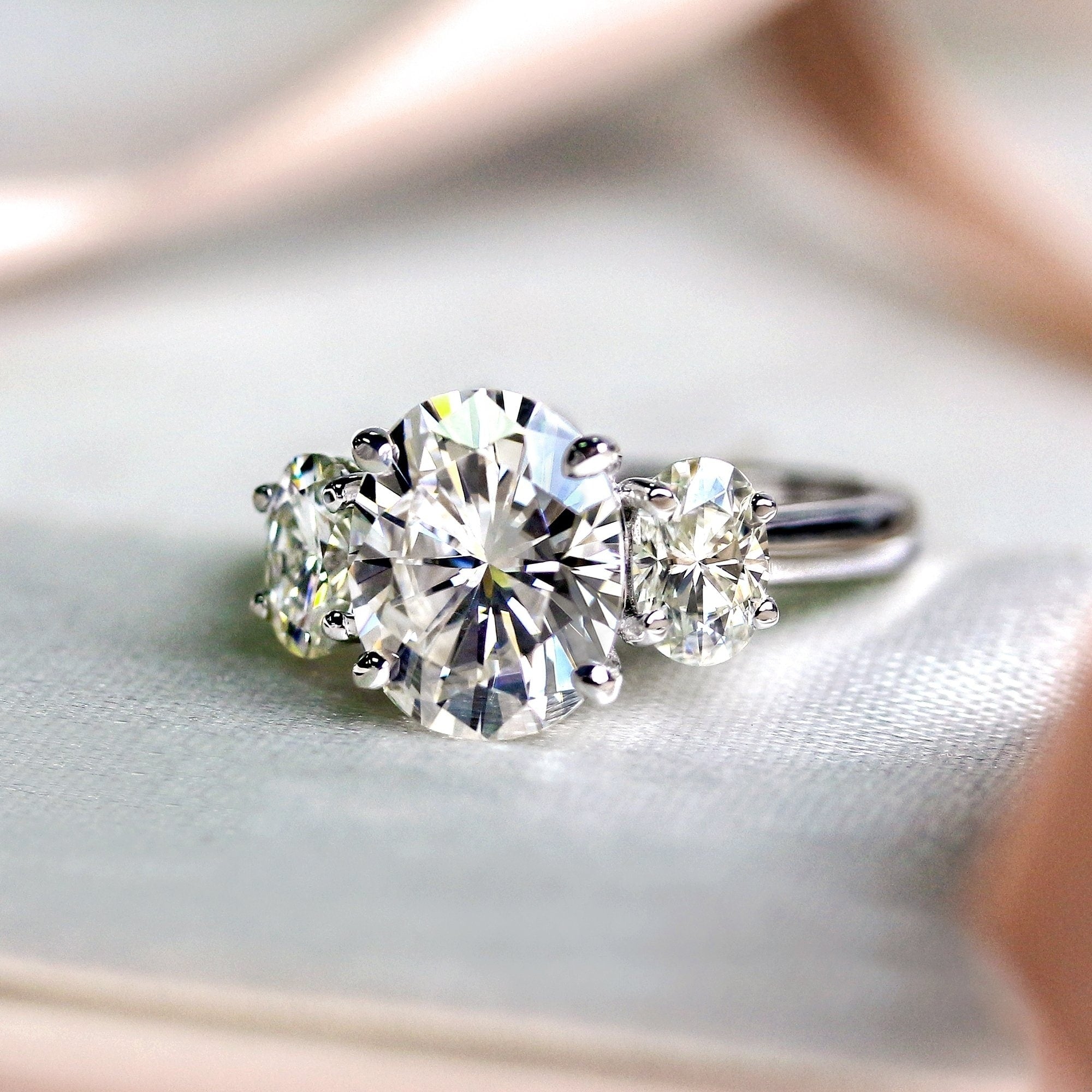 Annello By Kobelli 14K Gold 4 Carats Tgw Oval Moissanite Three Stone X Prong Trellis Bold Engagement Ring Hi Vs