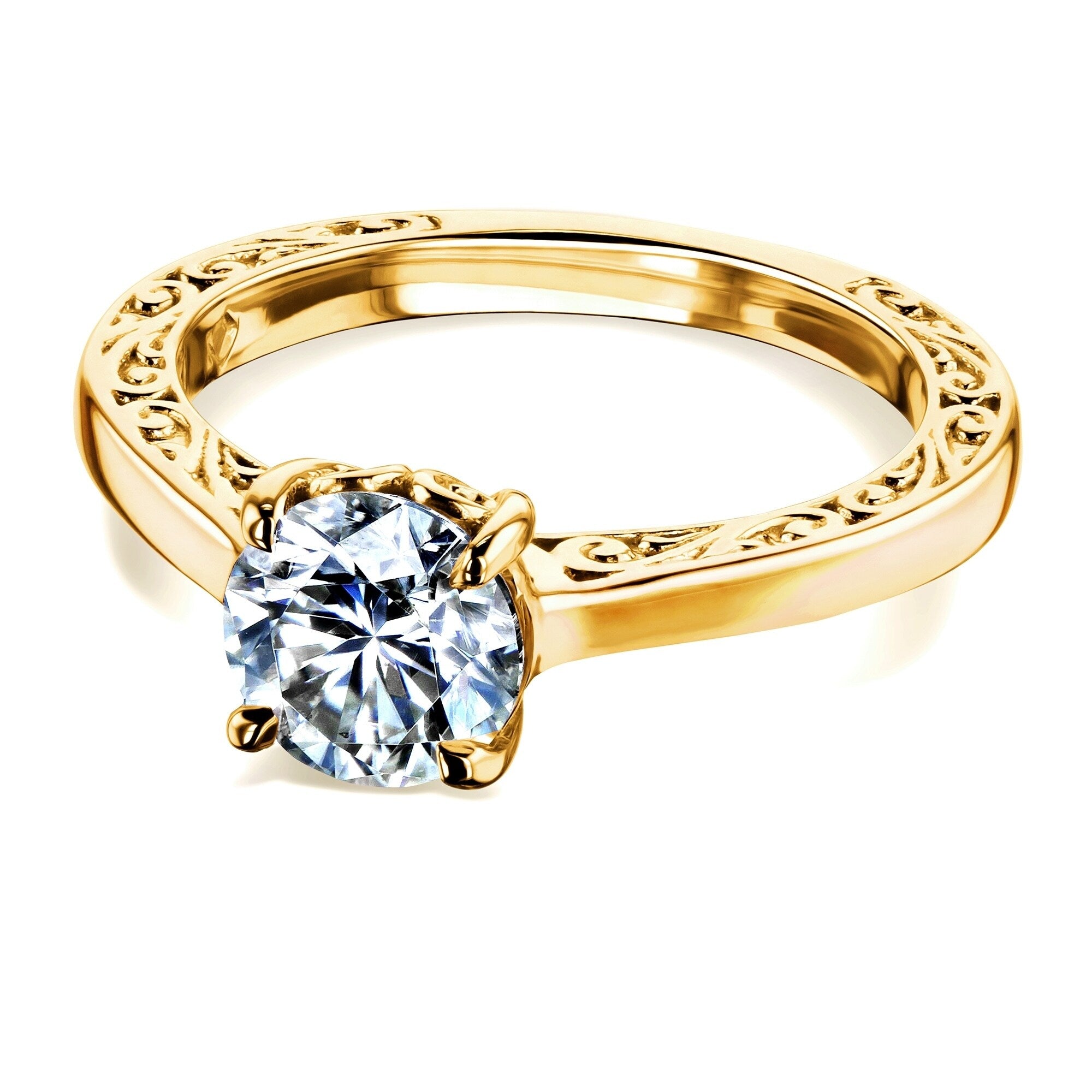 Annello By Kobelli 14K Gold One Carat Moissanite Solitaire Filigree Engraved Engagement Ring