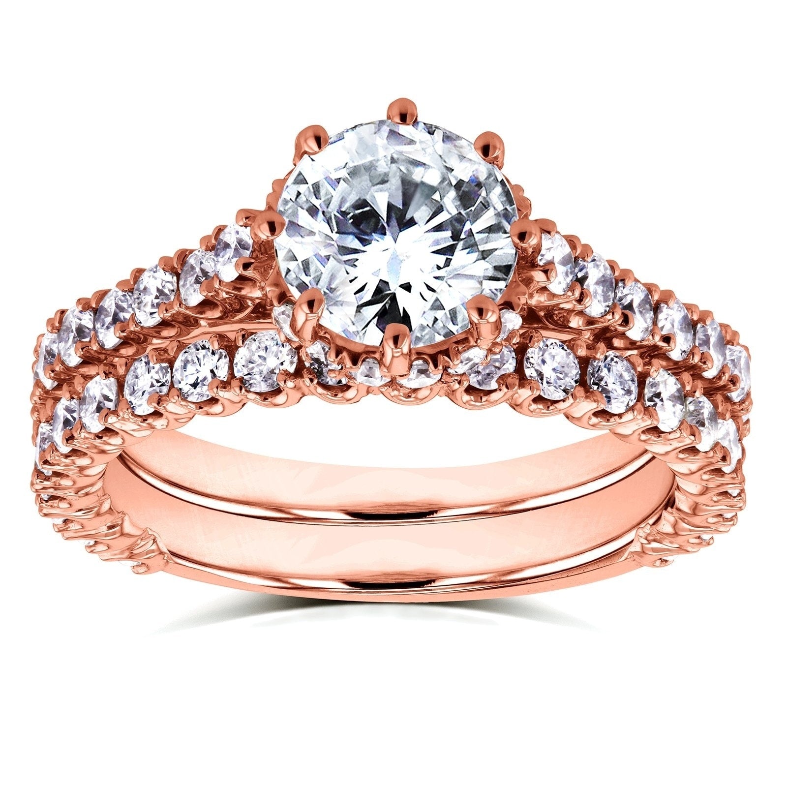 Annello By Kobelli 14K Rose Gold 2 1 10Ct Tdw Round Brilliant Diamond 8 Prong Center Standing Halo Bridal Set H I I1 I2